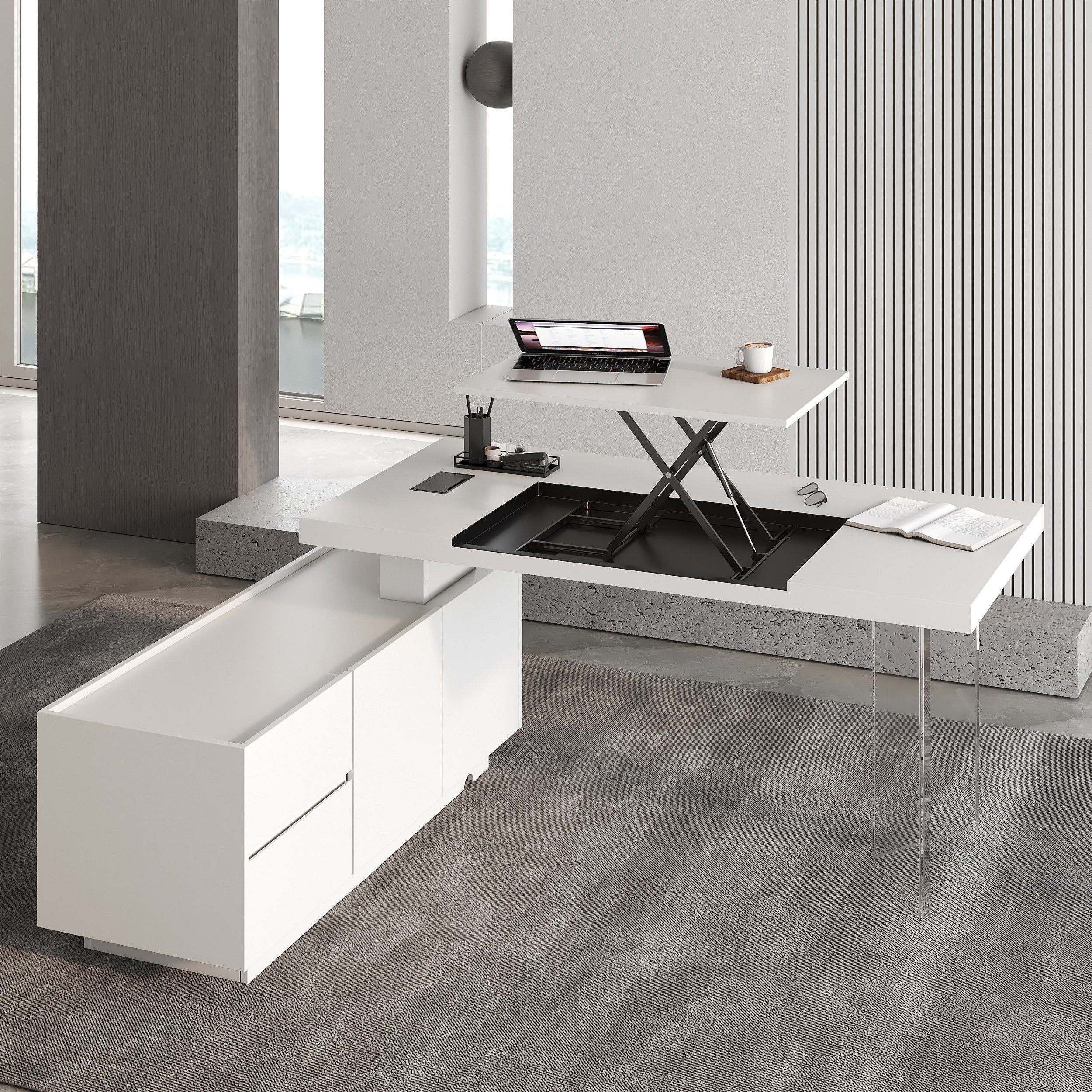 HMR - 71.5" Modern L-Shape Standing Executive Desk with Side Cabinet and lifter Desktop