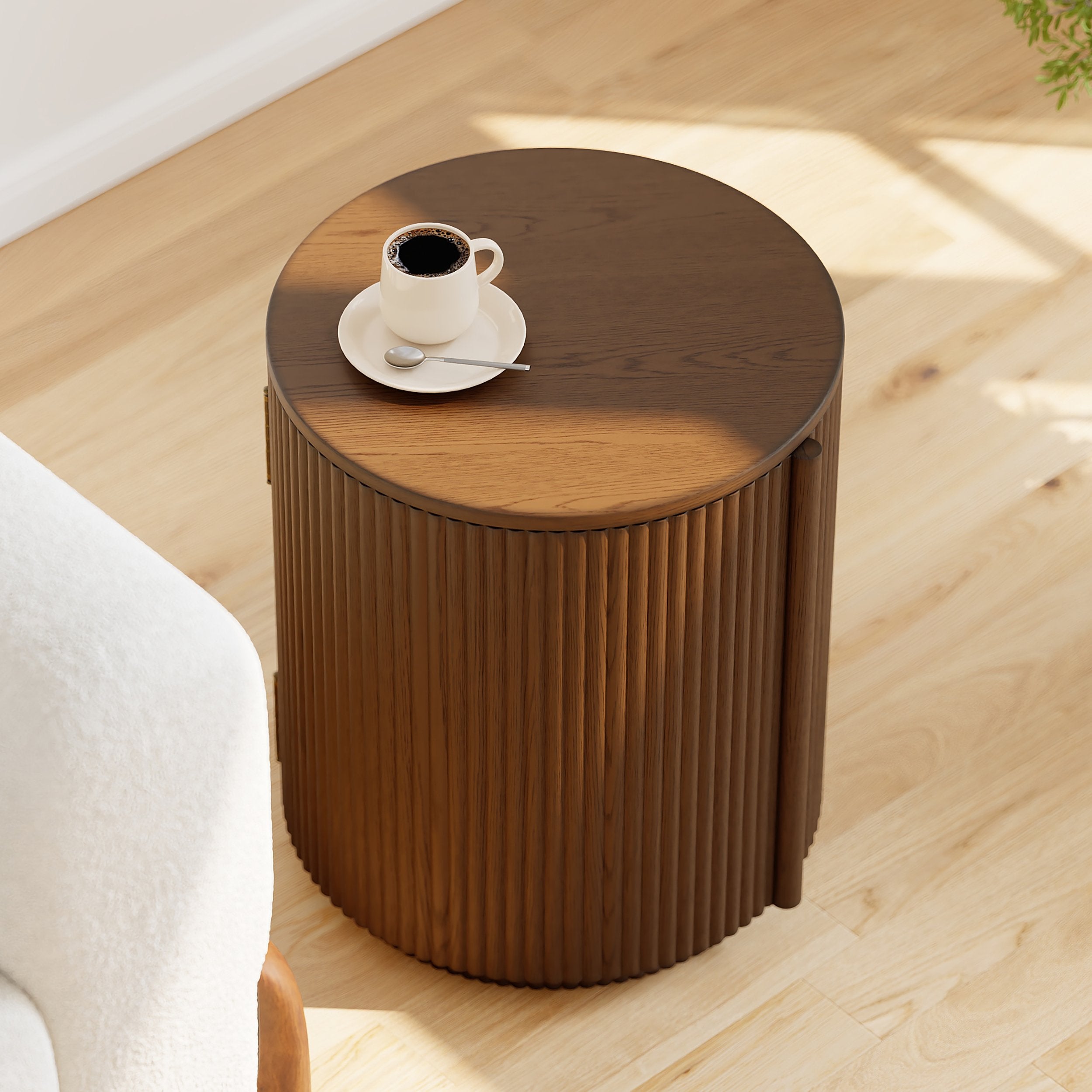 HMR - Round Plywood Walnut Fluted Side Table with Storage