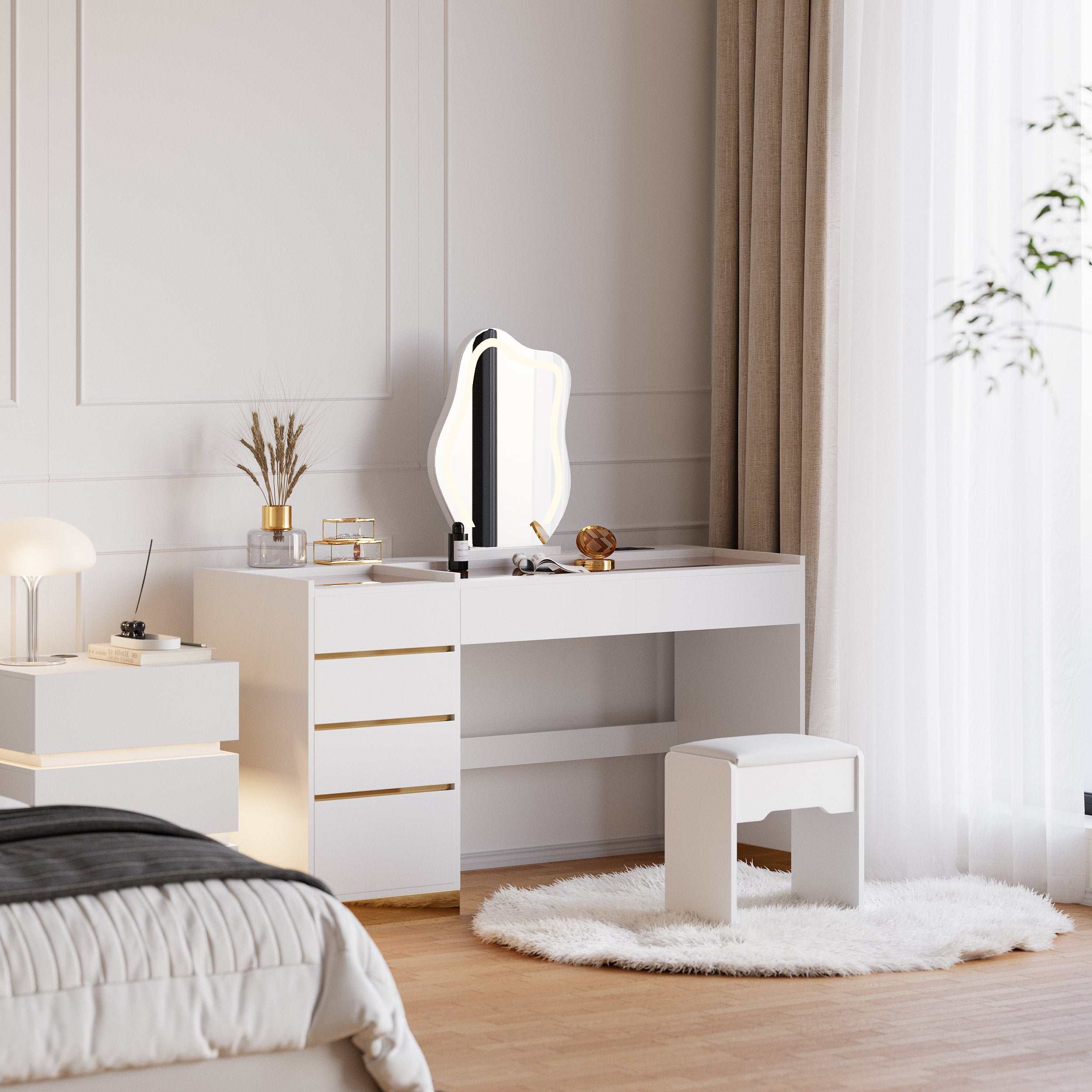 HMR - LED Mirror Makeup Vanity Set with 2 Smart Nightstands