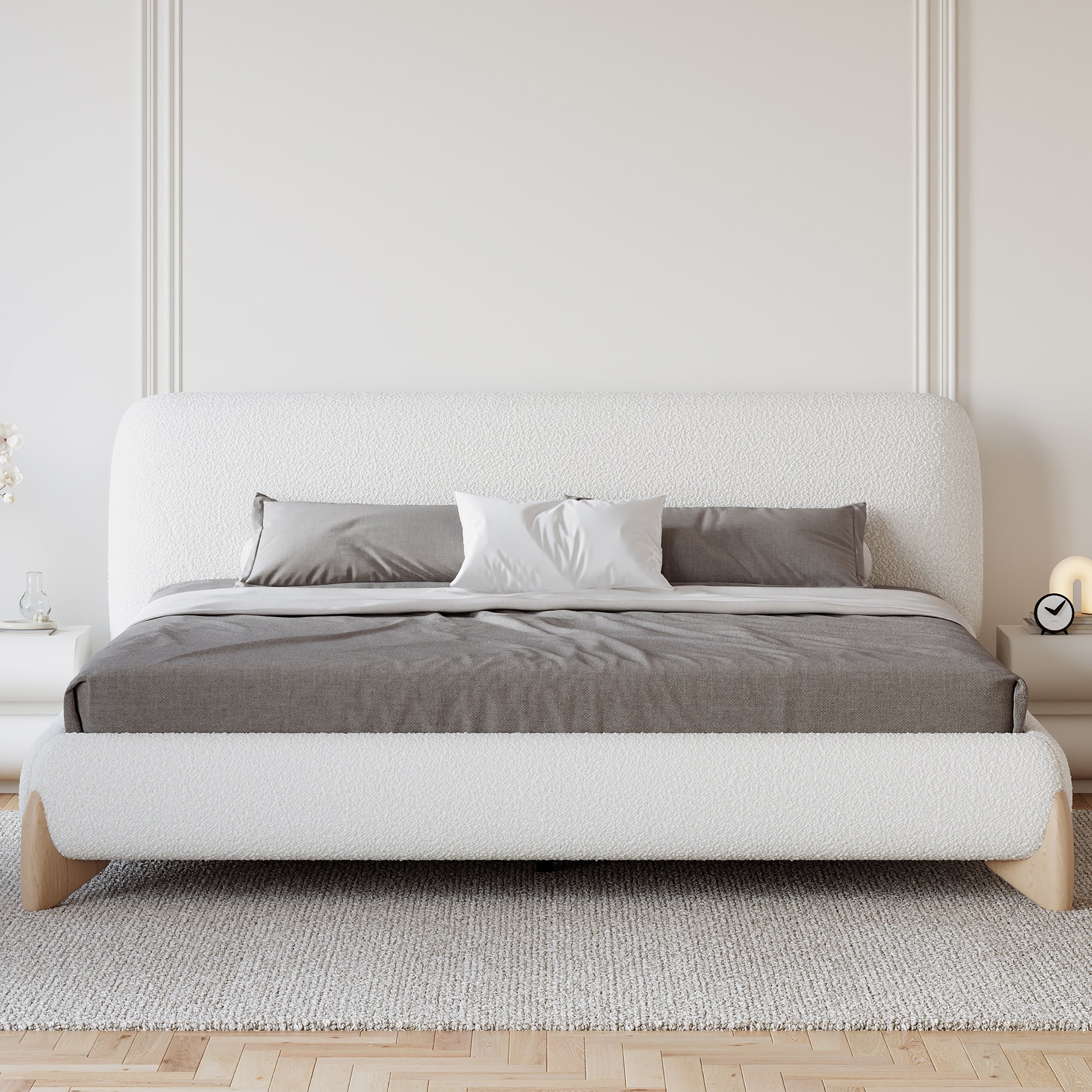 HMR - Curva Boucle Upholstered Platform Bed with Walnut Legs