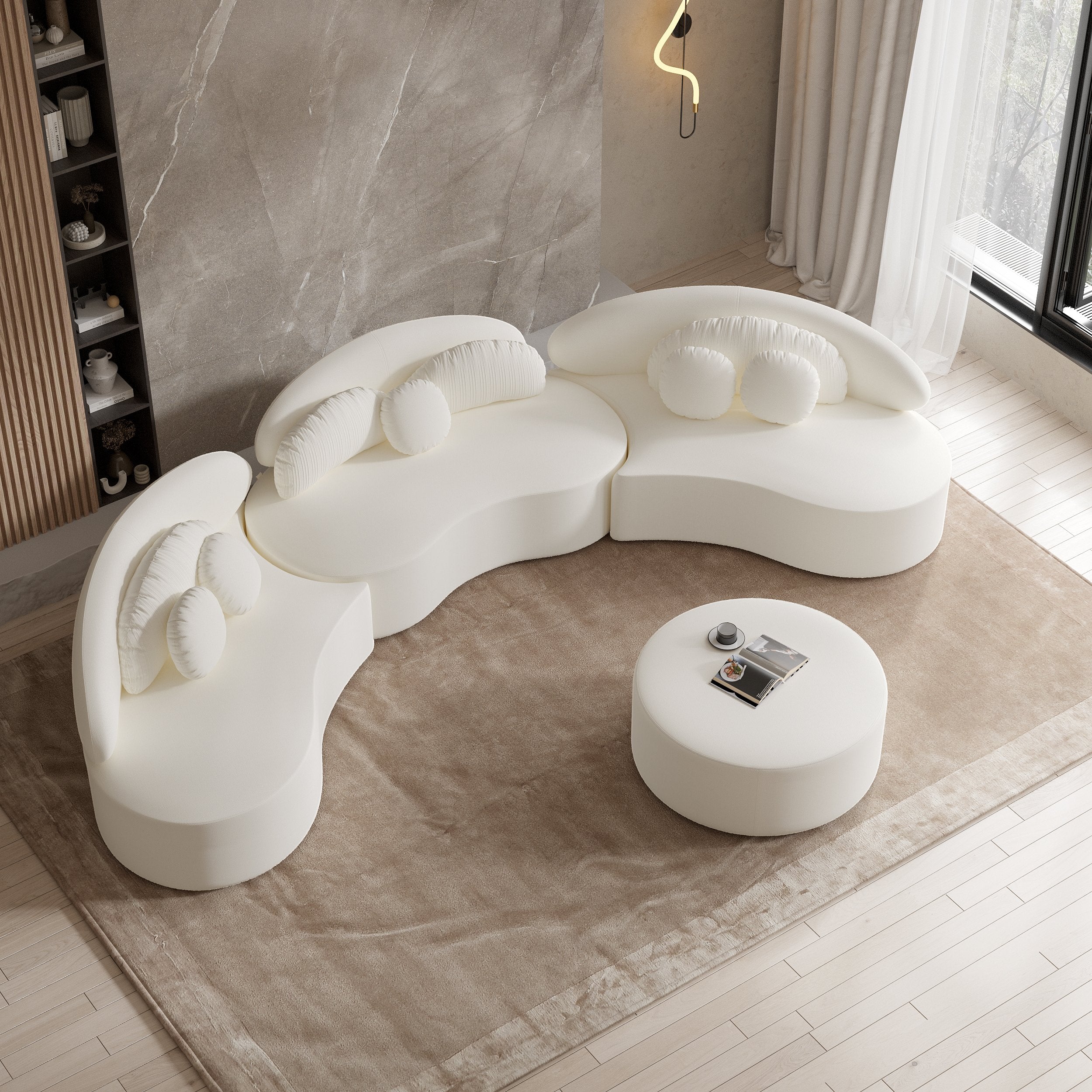 HMR - Curved Sectional Sofa with Ottoman & Pillows