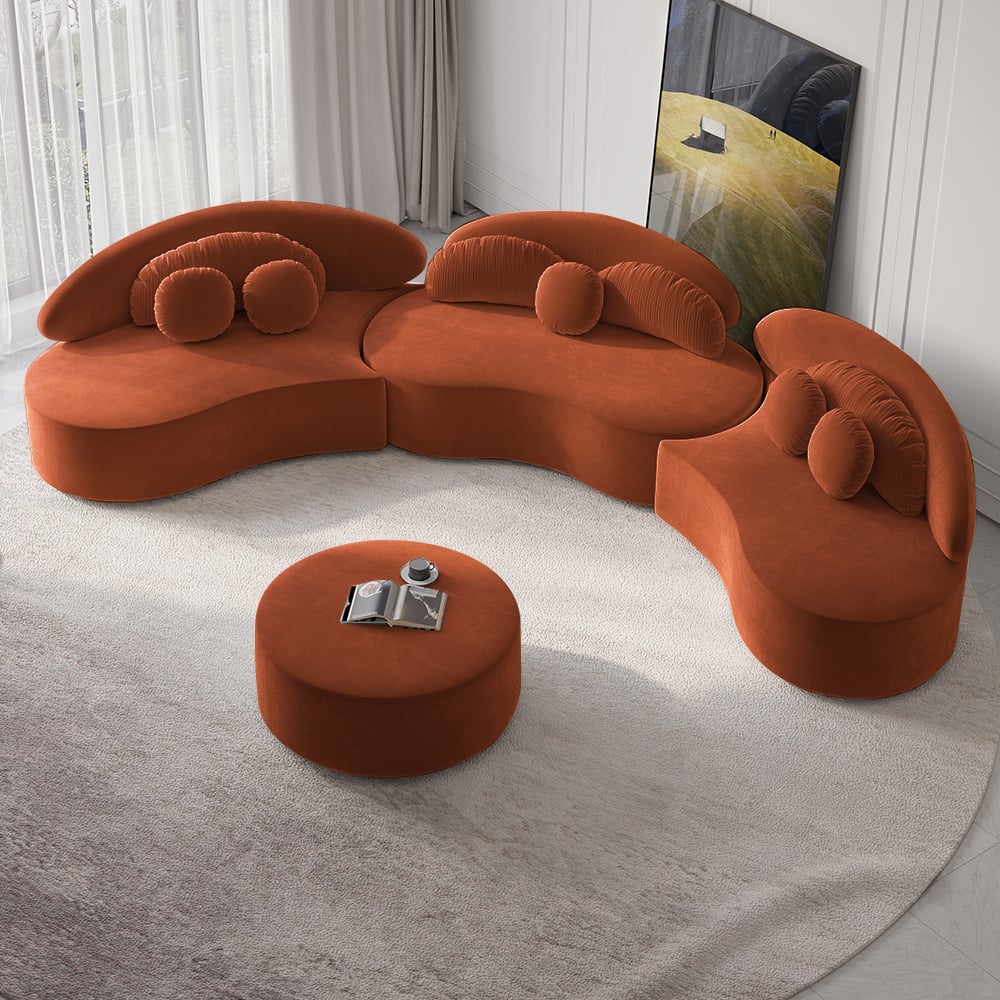 HMR - Curved Sectional Sofa with Ottoman & Pillows