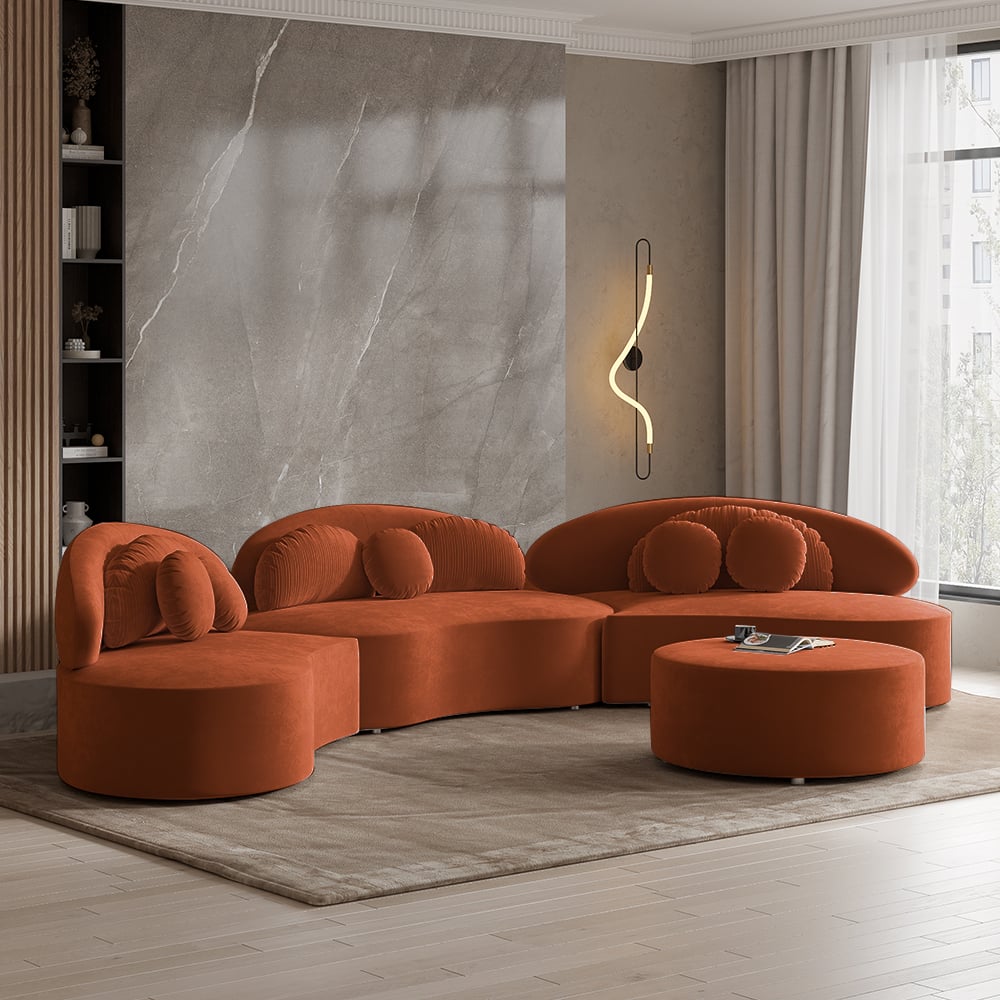 HMR - Curved Sectional Sofa with Ottoman & Pillows