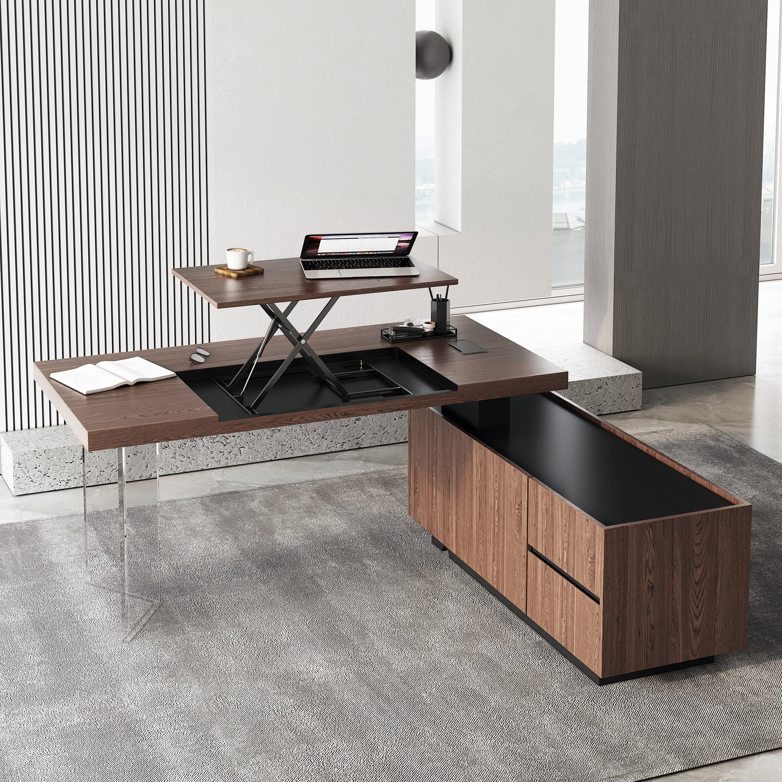HMR - 71.5" Modern L-Shape Standing Executive Desk with Side Cabinet and lifter Desktop