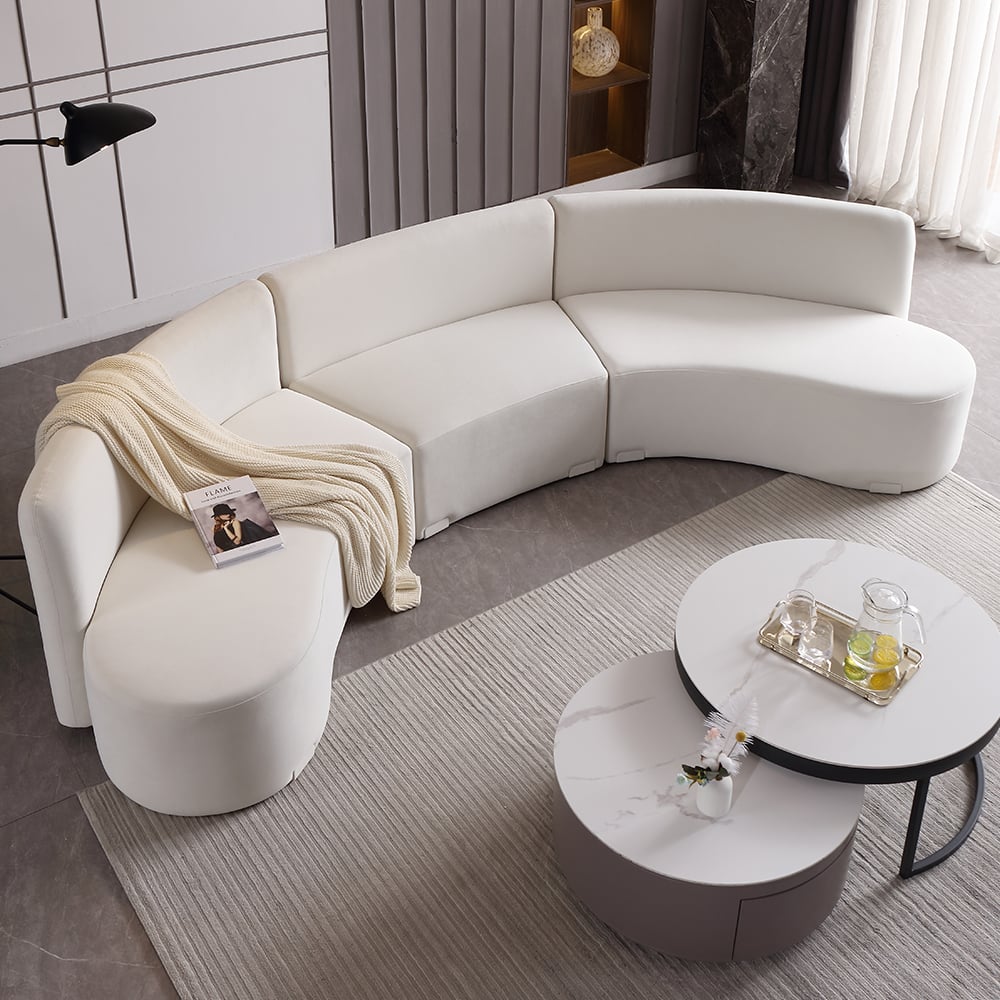 HMR - 120" Modern White Curved Sectional Floor Sofa Velvet Upholstery for Living Room