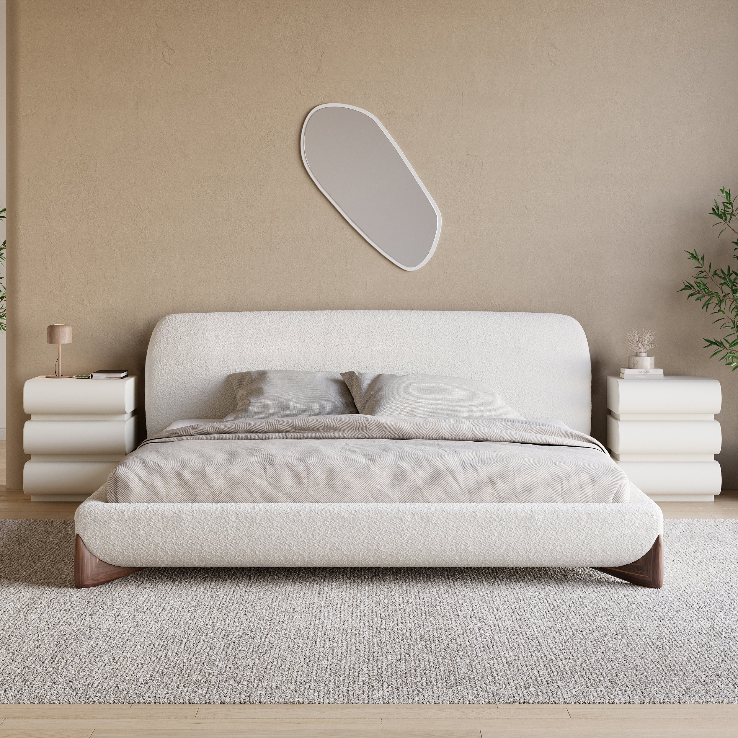 HMR - Modern White Boucle Platform Bed & 2 Smart Boucle Nightstand Style A