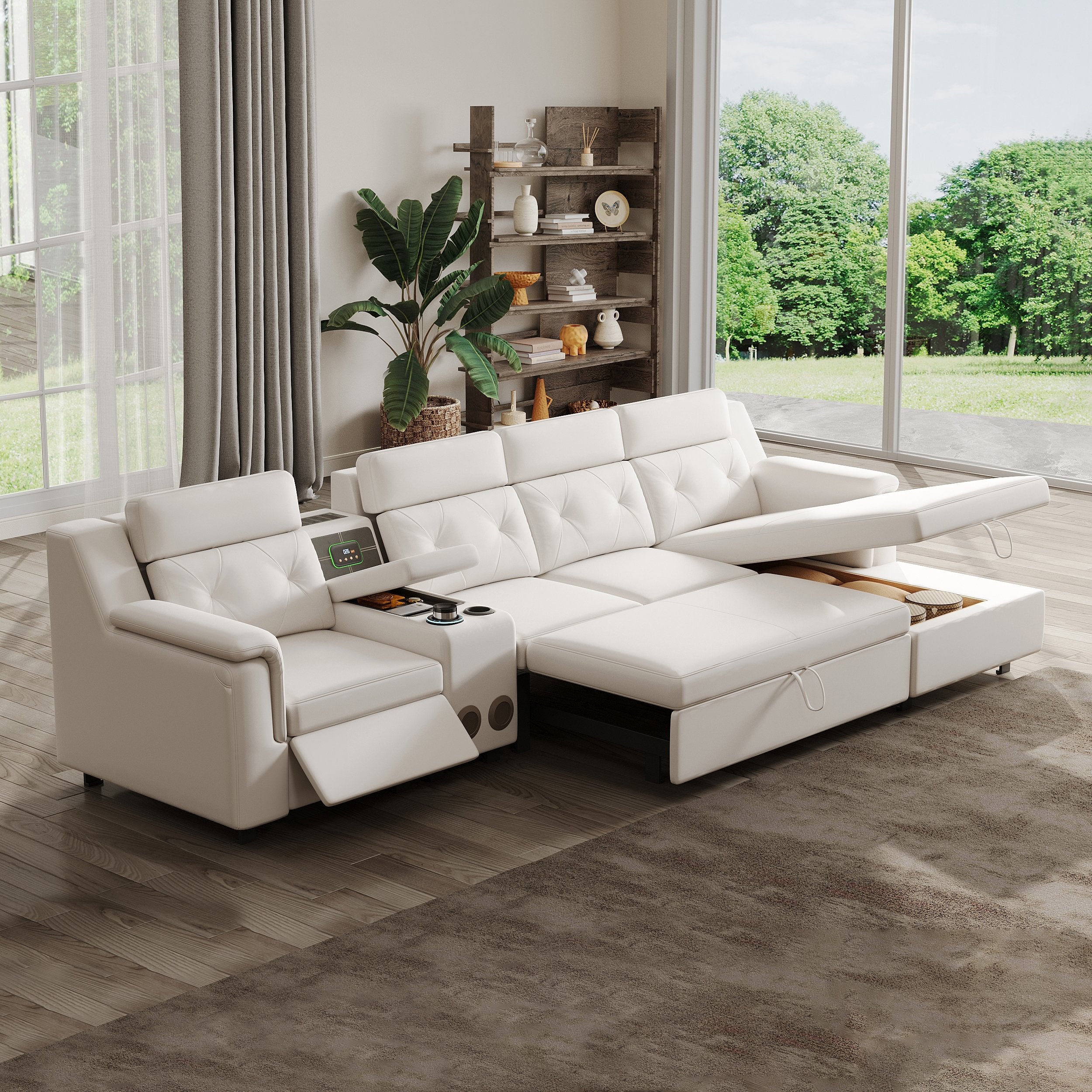 HMR - 134.6" White Power Reclining Sectional Sofa Pull Out Bed Cup Holder & Speaker & Storage
