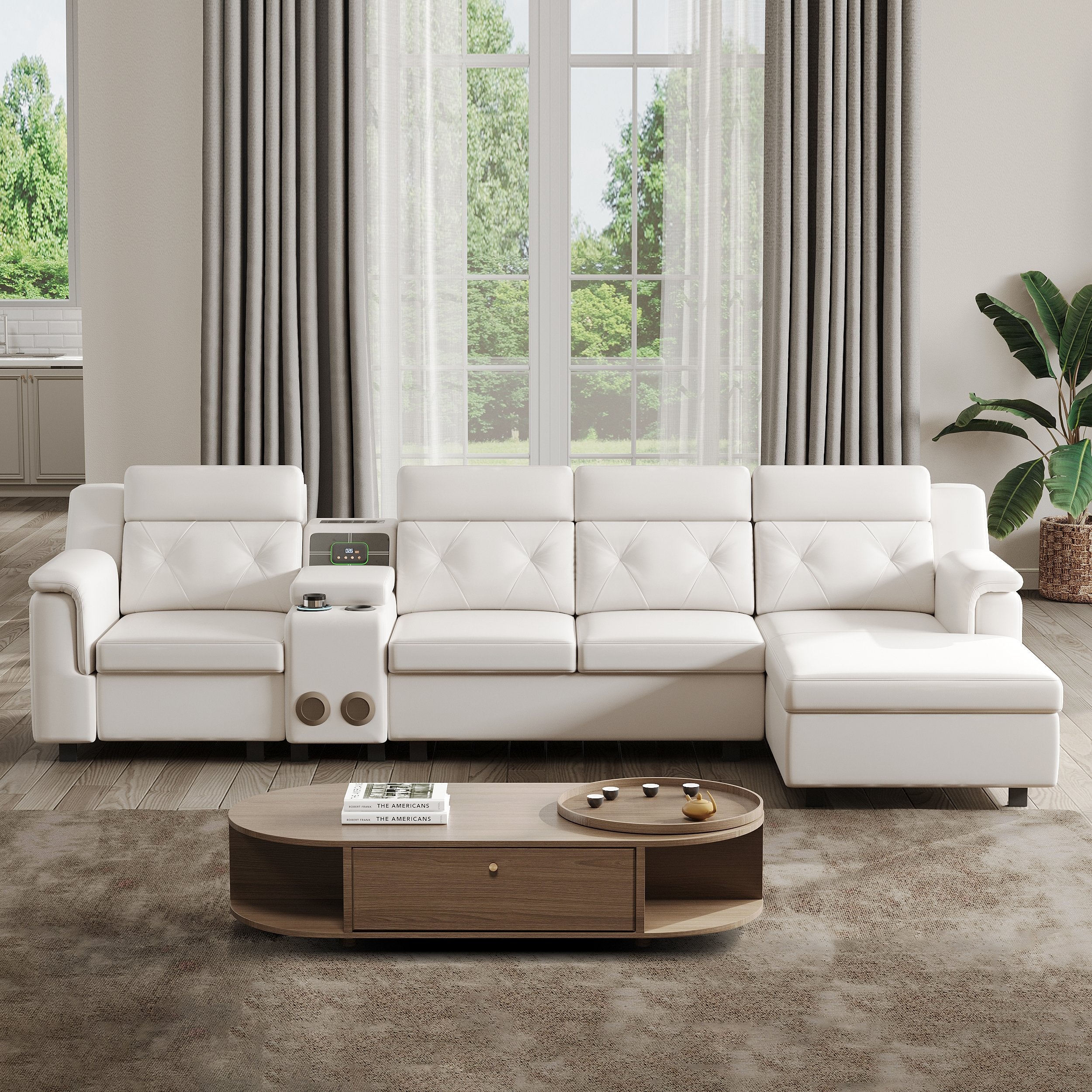 HMR - 134.6" White Power Reclining Sectional Sofa Pull Out Bed Cup Holder & Speaker & Storage