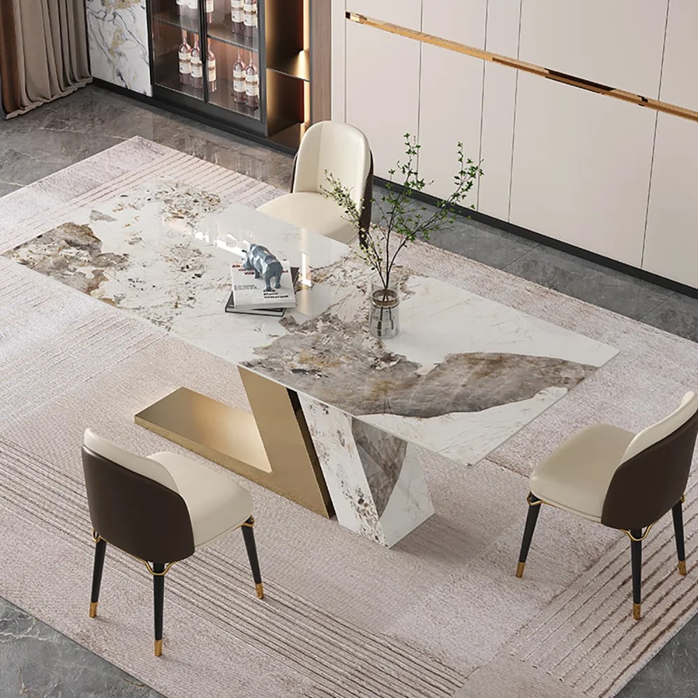HMR - Dining Set 70.9" Rectangle Sintered Stone Dining Table with 6 Chairs