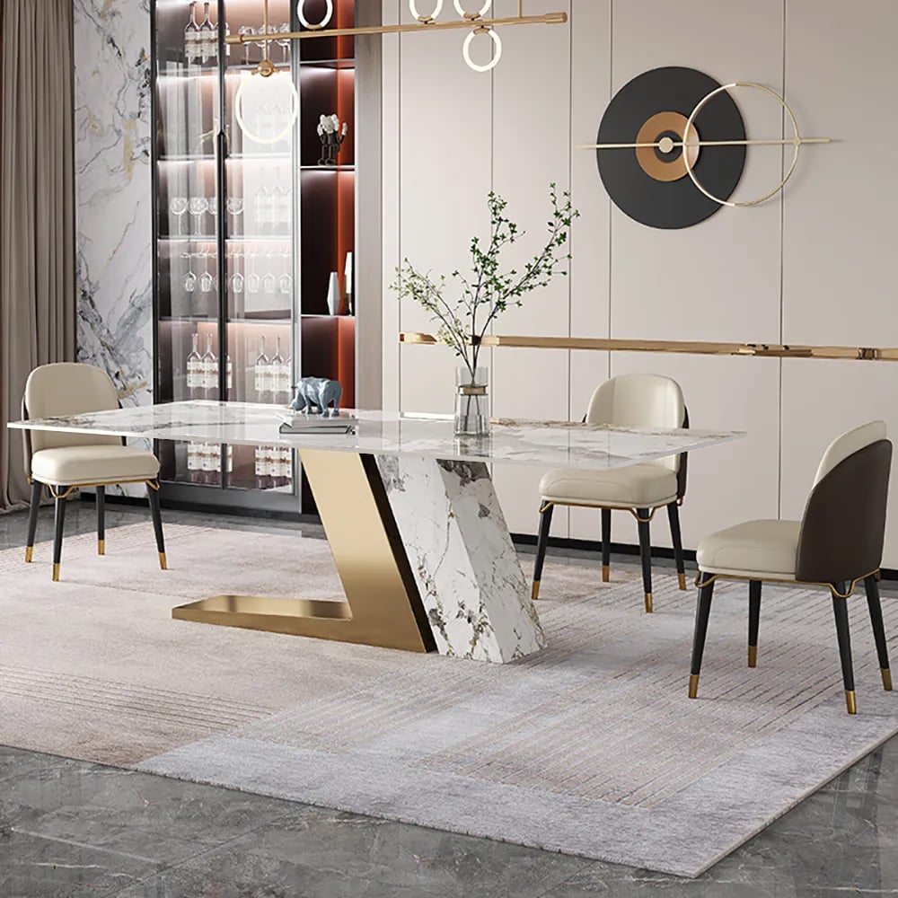 HMR - Dining Set 70.9" Rectangle Sintered Stone Dining Table with 6 Chairs