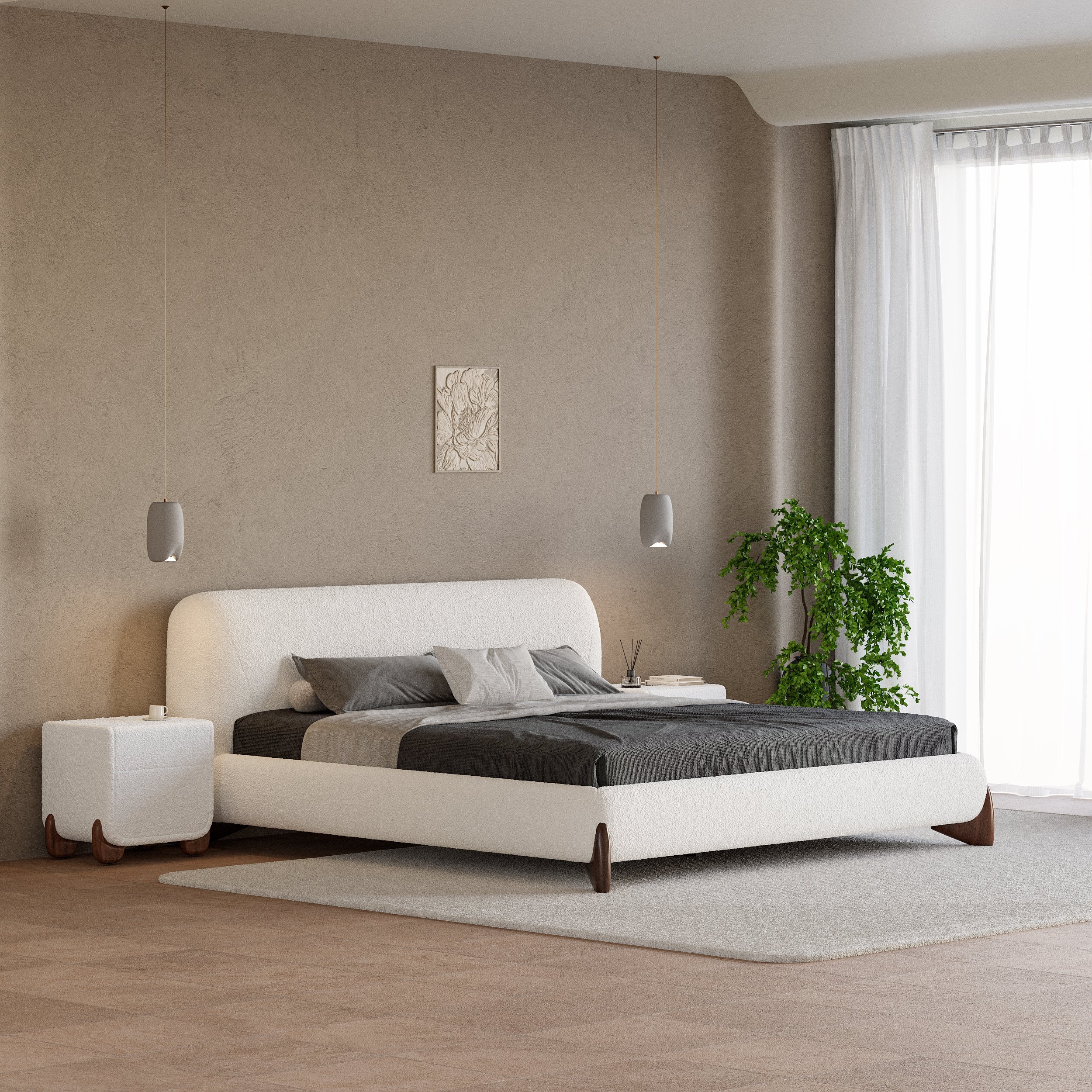HMR - Modern White Boucle Platform Bed & 2 Smart Boucle Nightstand Style B