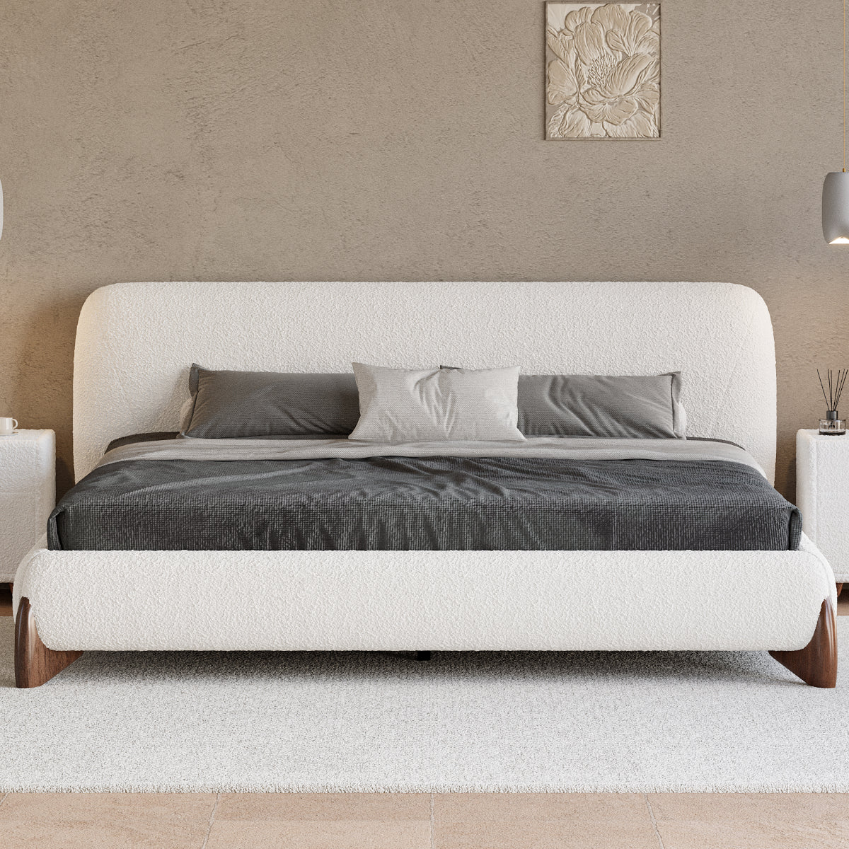 HMR - Modern White Boucle Platform Bed & 2 Smart Boucle Nightstand Style B