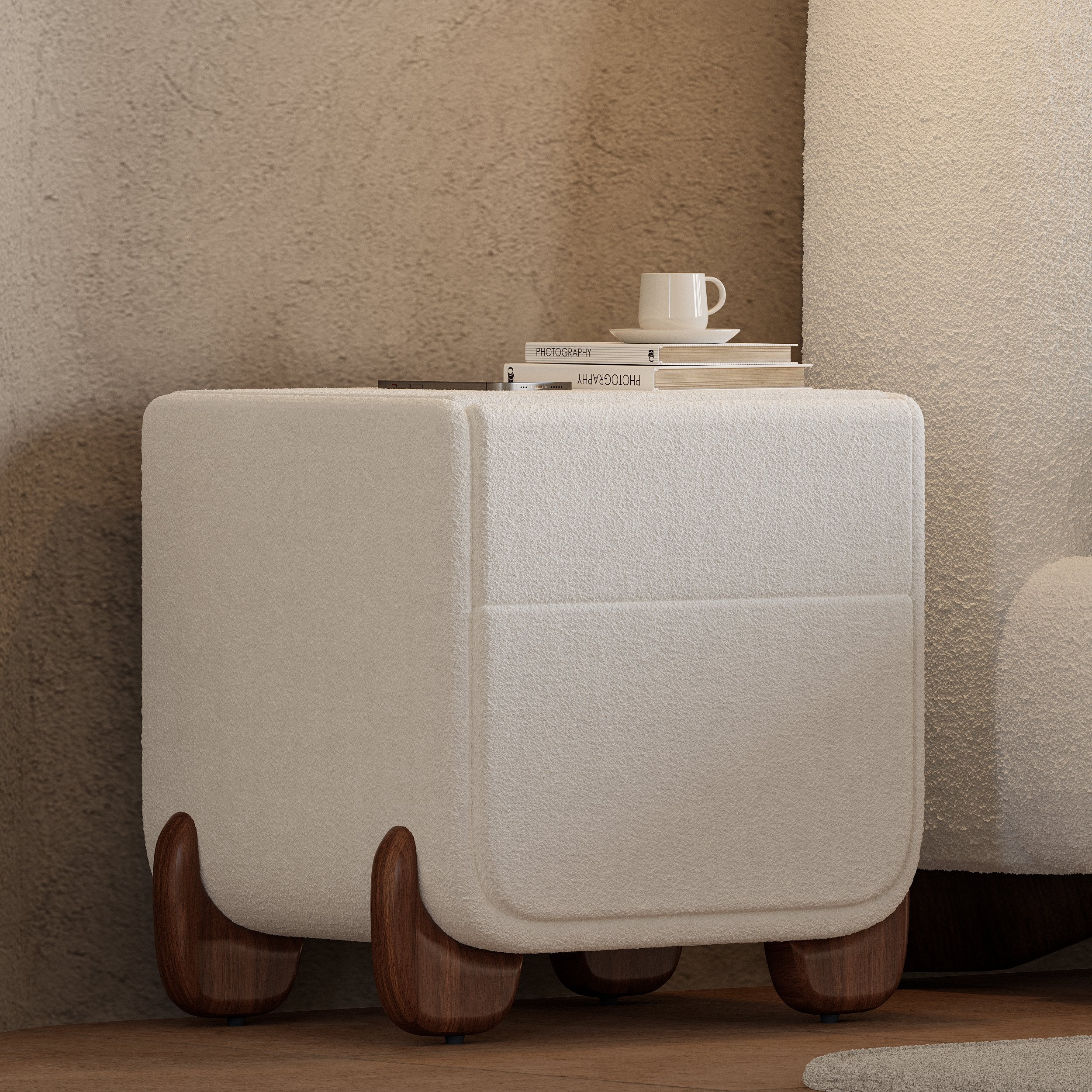 HMR - Modern White Boucle Platform Bed & 2 Smart Boucle Nightstand Style B