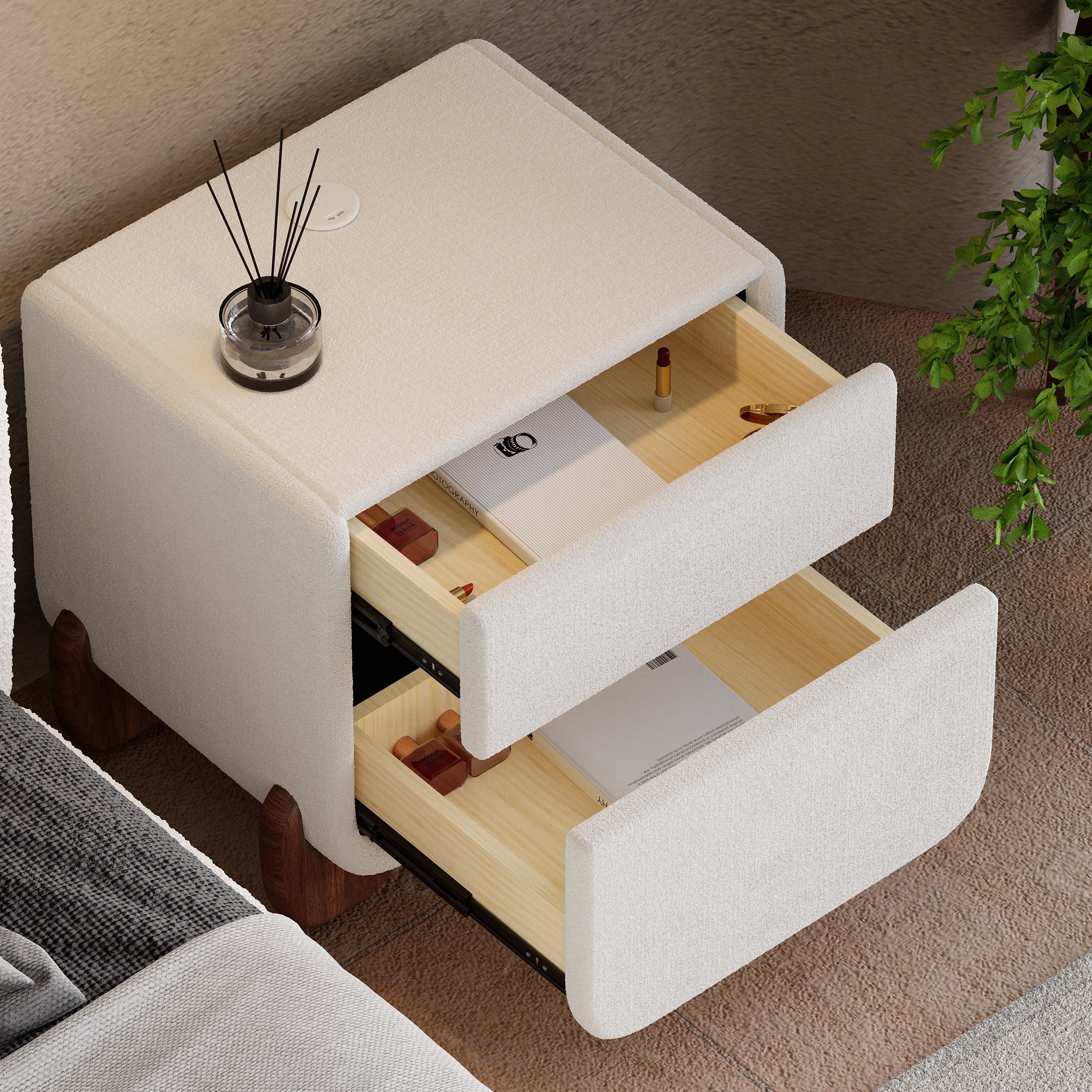 HMR - Modern White Boucle Platform Bed & 2 Smart Boucle Nightstand Style B