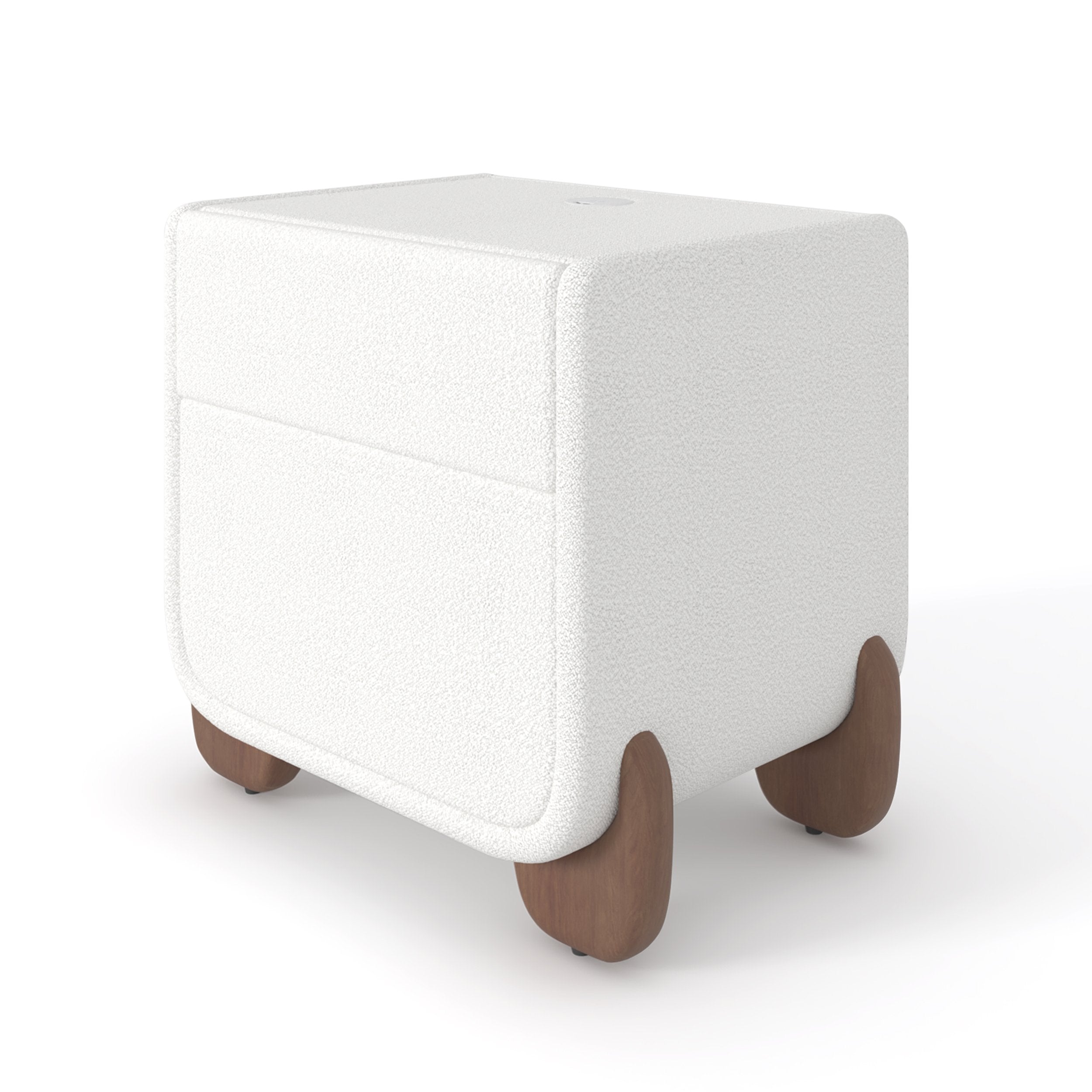 HMR - Modern White Boucle Platform Bed & 2 Smart Boucle Nightstand Style B
