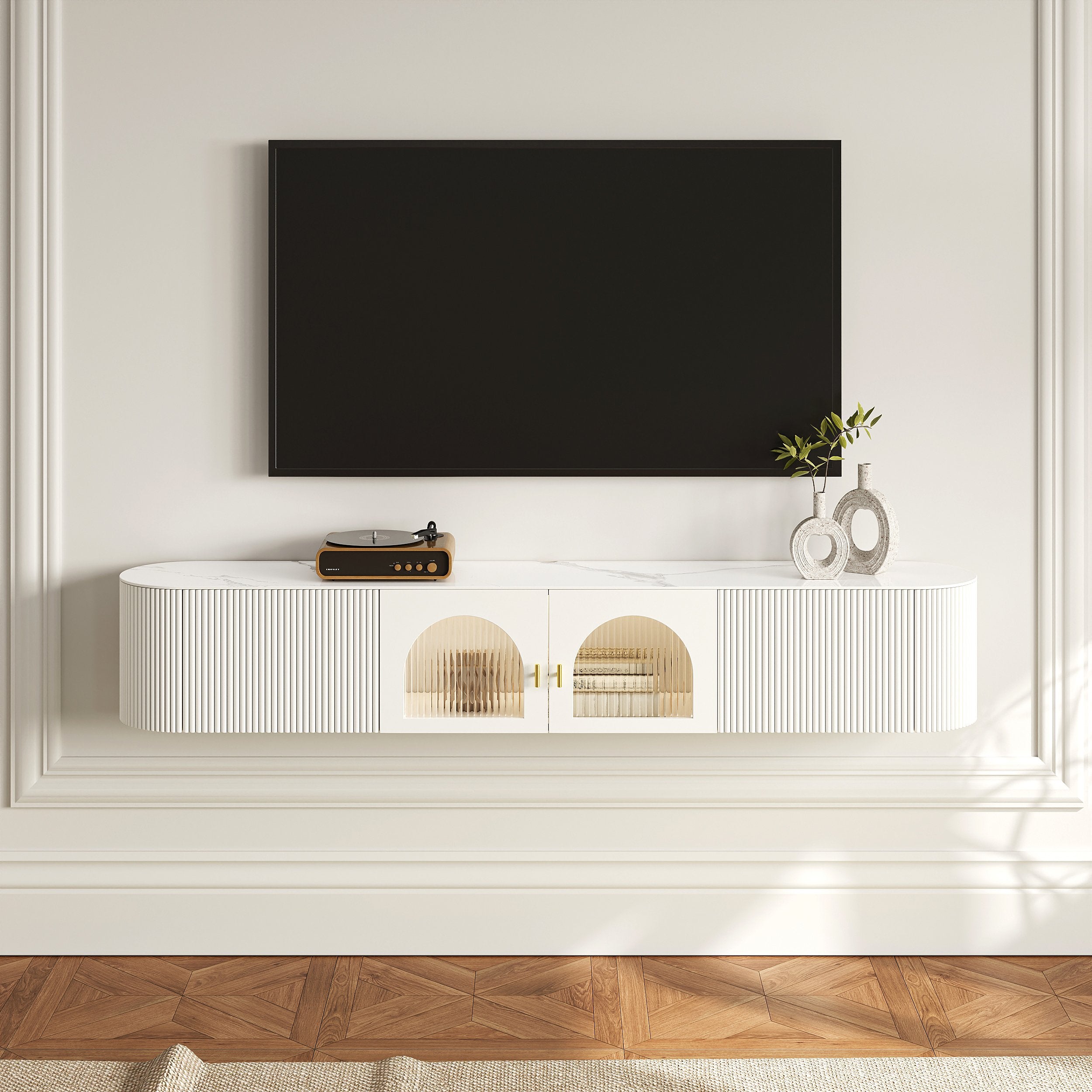 HMR - 70.8" White Sintered Stone Floating Wall-Mounted TV Stand