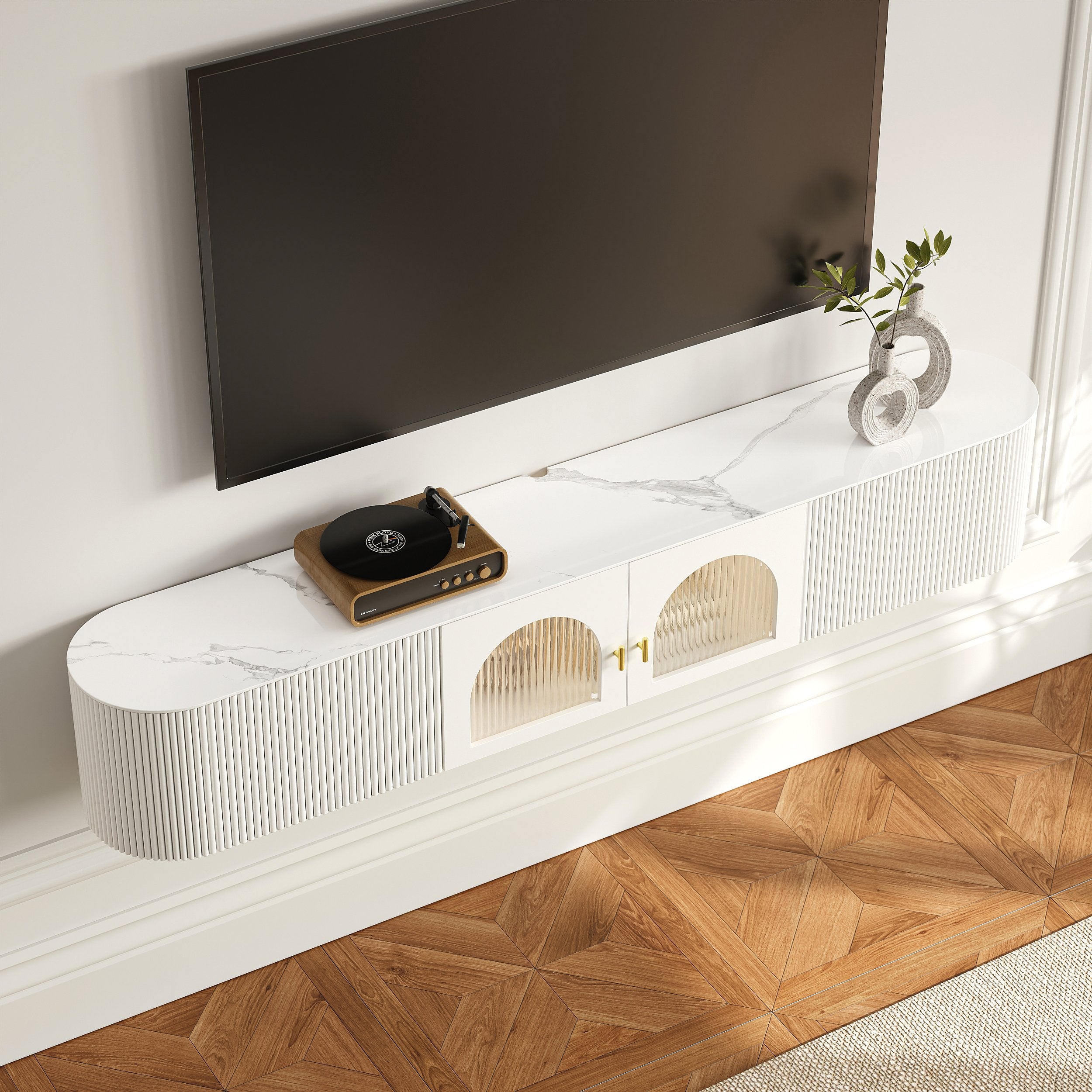 HMR - 70.8" White Sintered Stone Floating Wall-Mounted TV Stand