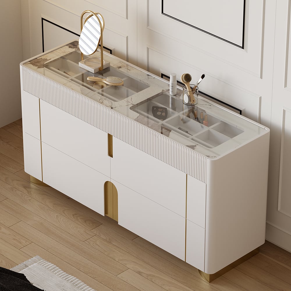 HMR - Artus 59"W 6 Drawer Dresser Glass Top Closet Island with Jewelry Display Storage