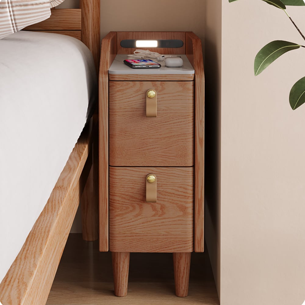 HMR - Modern Narrow Smart Nightstand Cherry Bedside Table with Sensor Light & USB Port