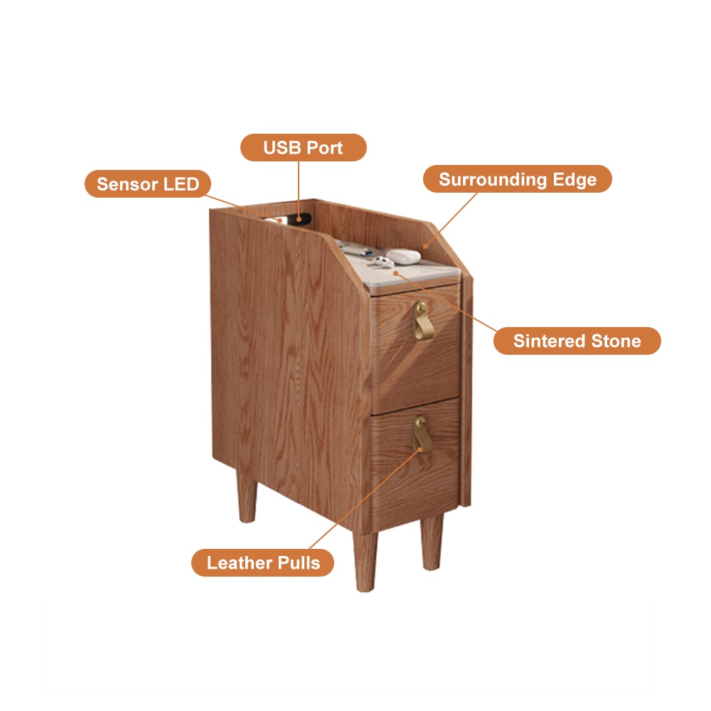 HMR - Modern Narrow Smart Nightstand Cherry Bedside Table with Sensor Light & USB Port