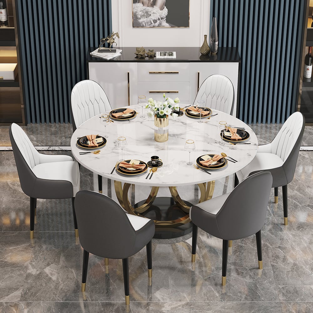 HMR - Dining Set 53.1" Modern Style Round Sintered Stone Dining Table with 6 Chairs