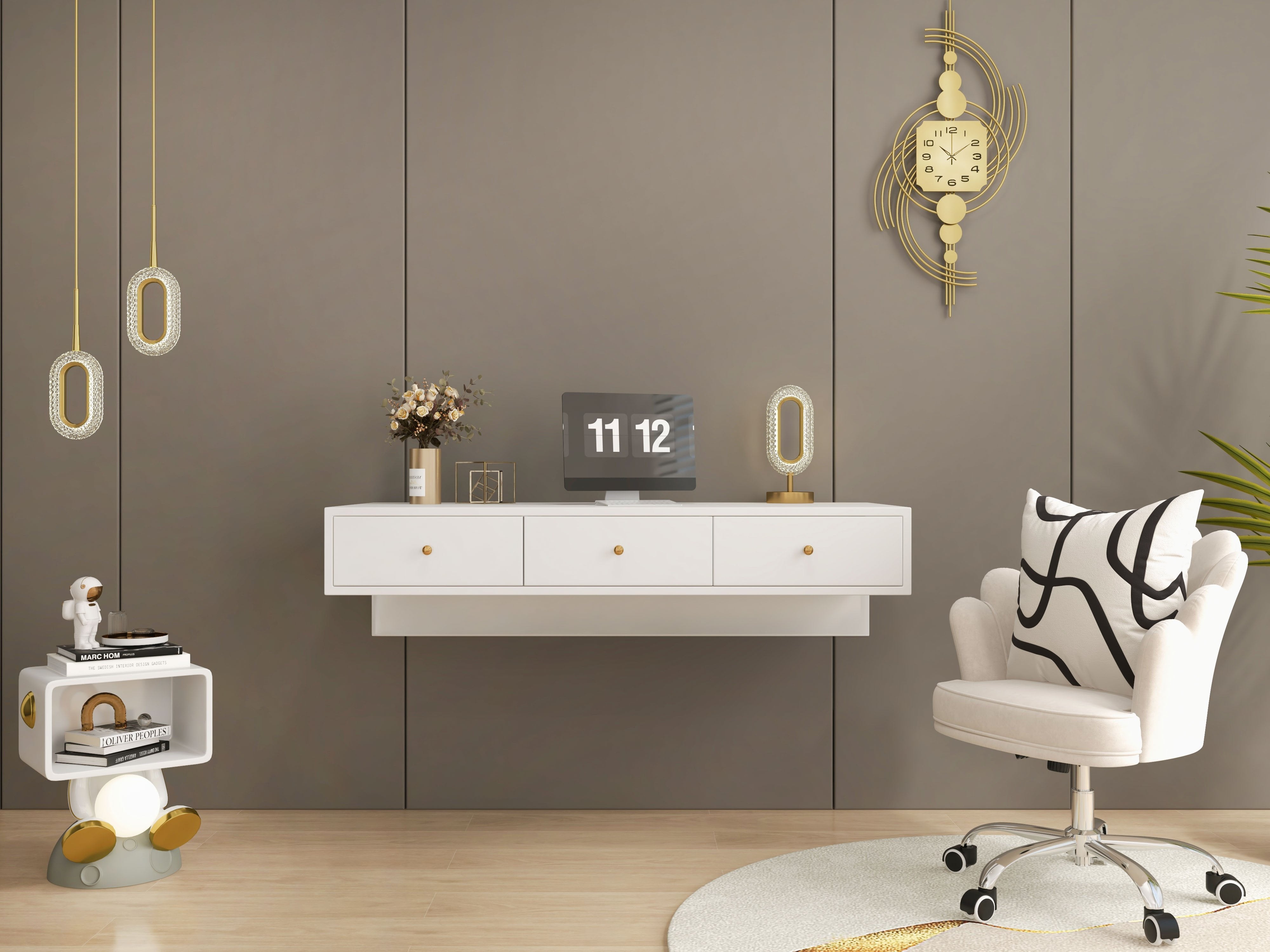 HMR - Modern White & Gold Bedroom Nightstand with Light & Open Storage