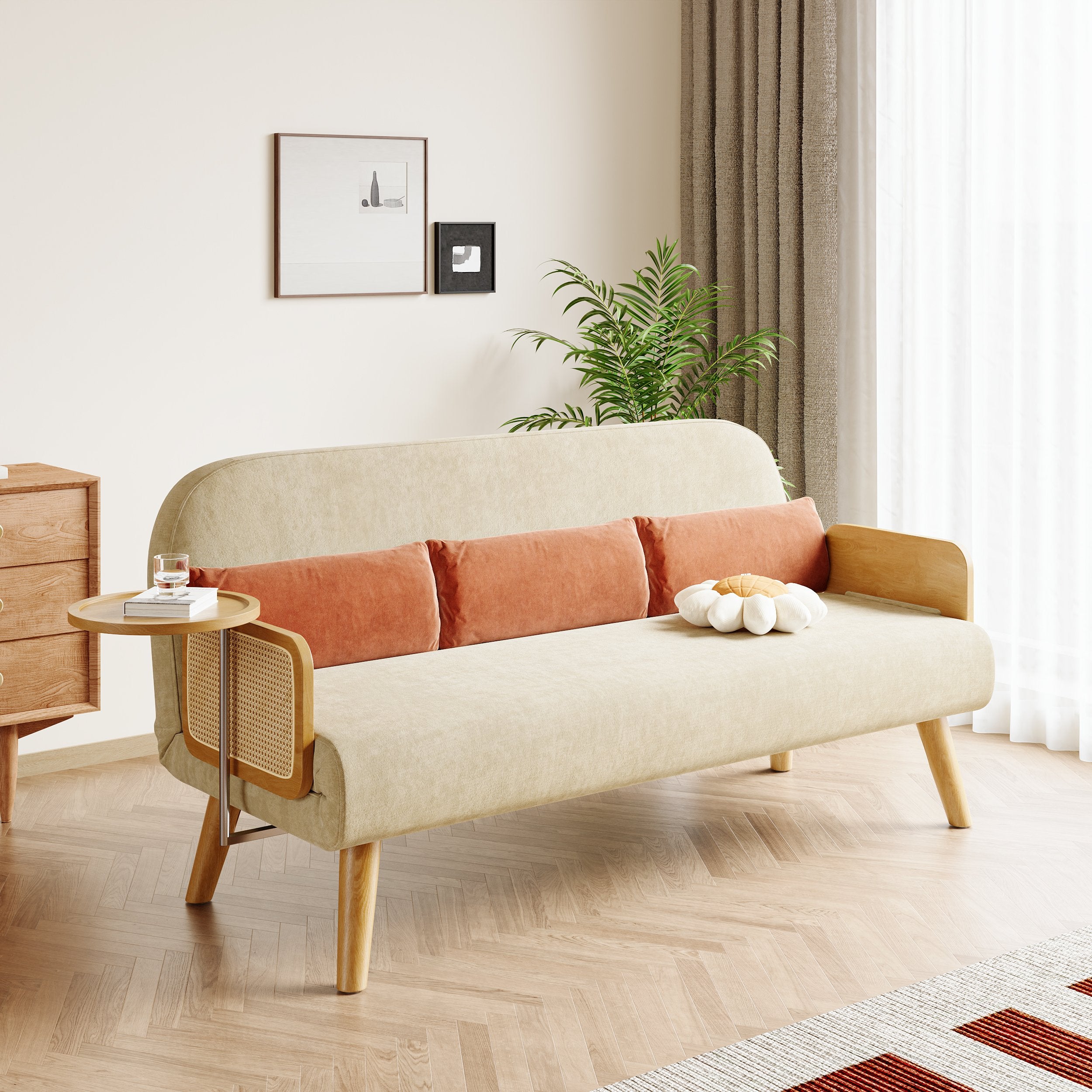 HMR - Velvet & Rattan Sleeper Sofa with Tray