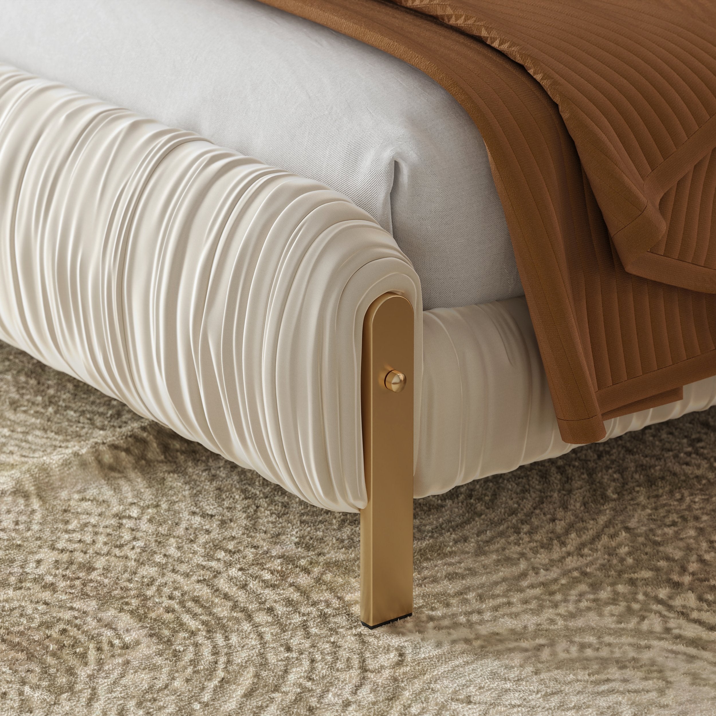 HMR - King Size Velvet Ruched Upholstered Bed Frame with Light & Charging Station