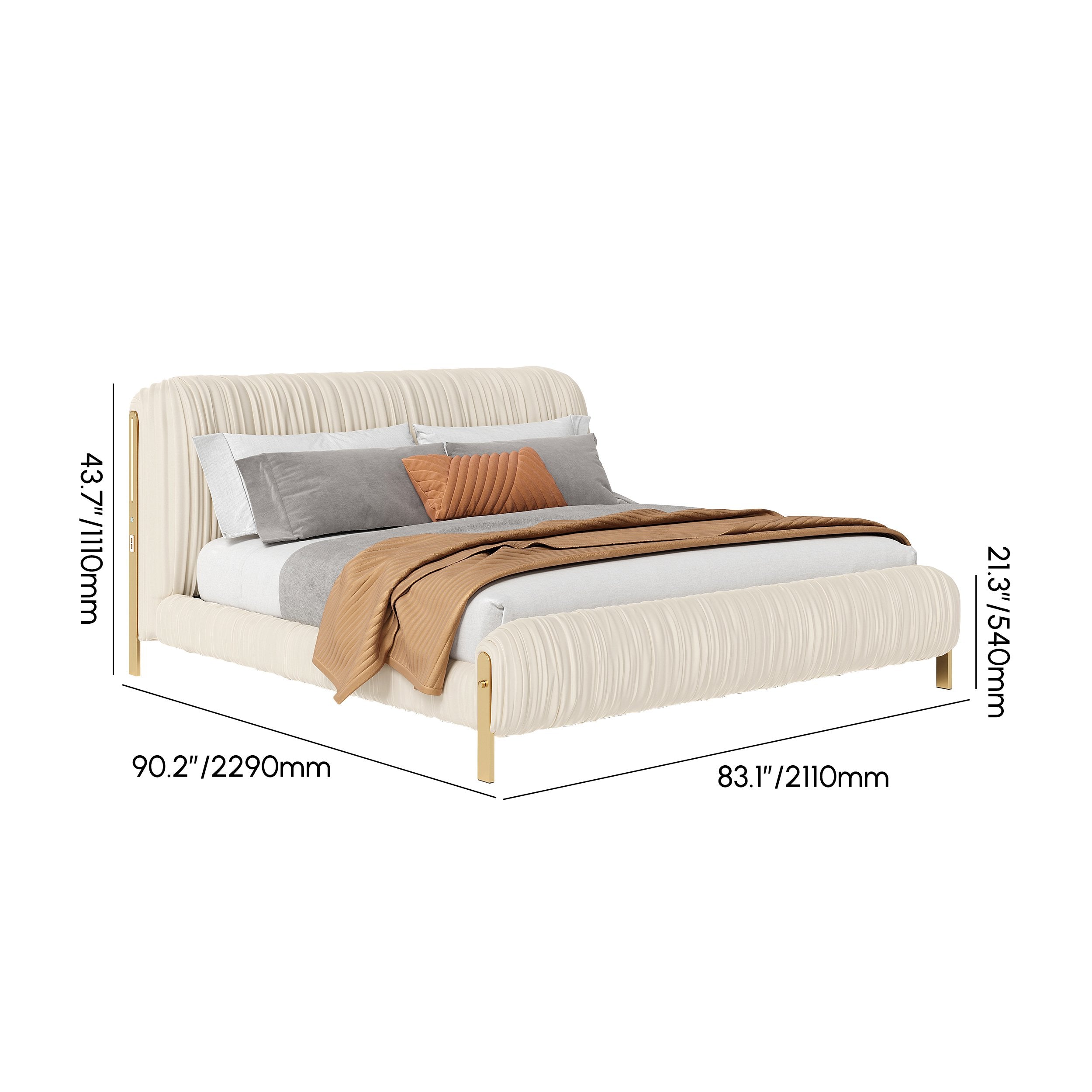 HMR - King Size Velvet Ruched Upholstered Bed Frame with Light & Charging Station