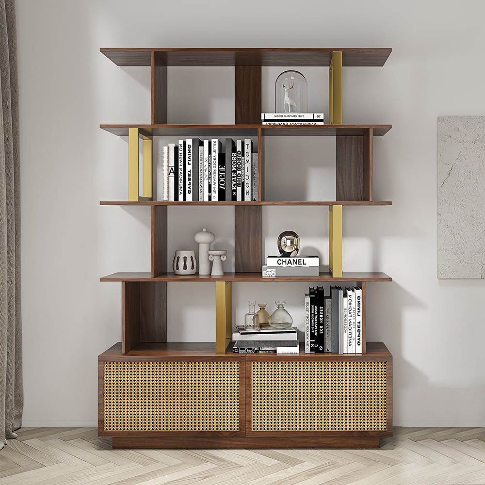 HMR - 5-Tier Wood Bookshelf with 2 Doors Modern Bookcase in Gold Finish