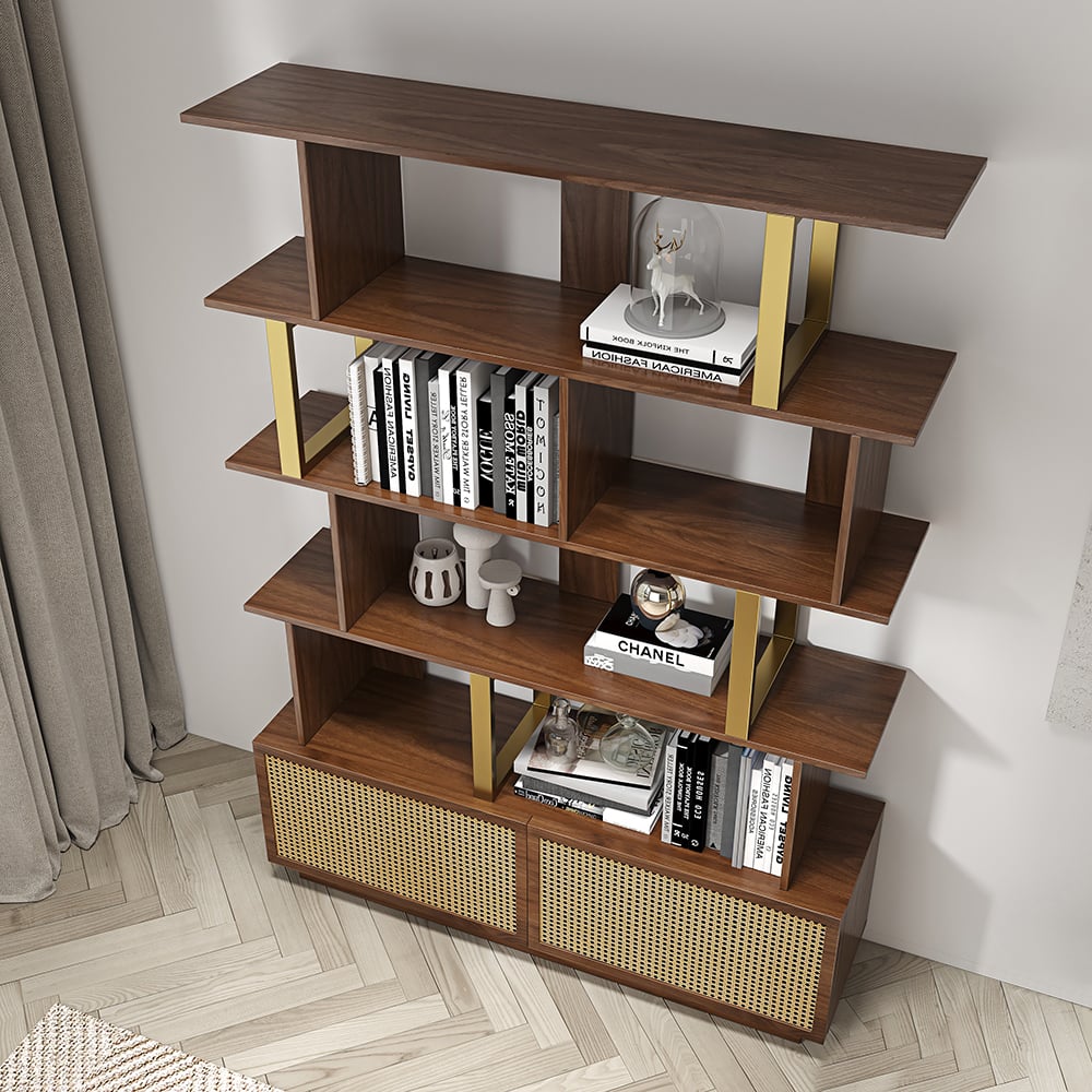 HMR - 5-Tier Wood Bookshelf with 2 Doors Modern Bookcase in Gold Finish
