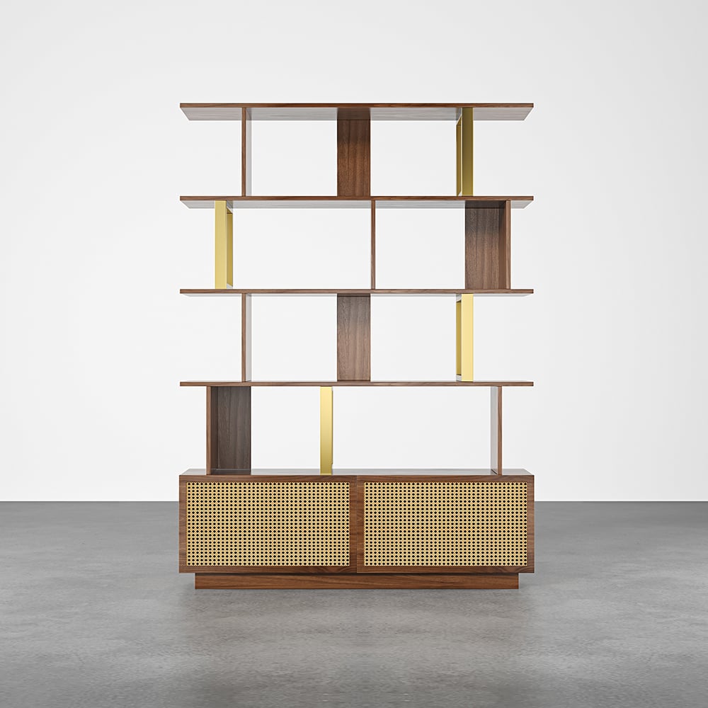 HMR - 5-Tier Wood Bookshelf with 2 Doors Modern Bookcase in Gold Finish