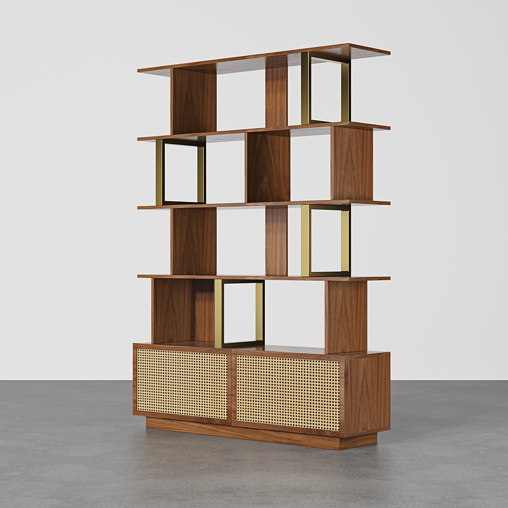 HMR - 5-Tier Wood Bookshelf with 2 Doors Modern Bookcase in Gold Finish