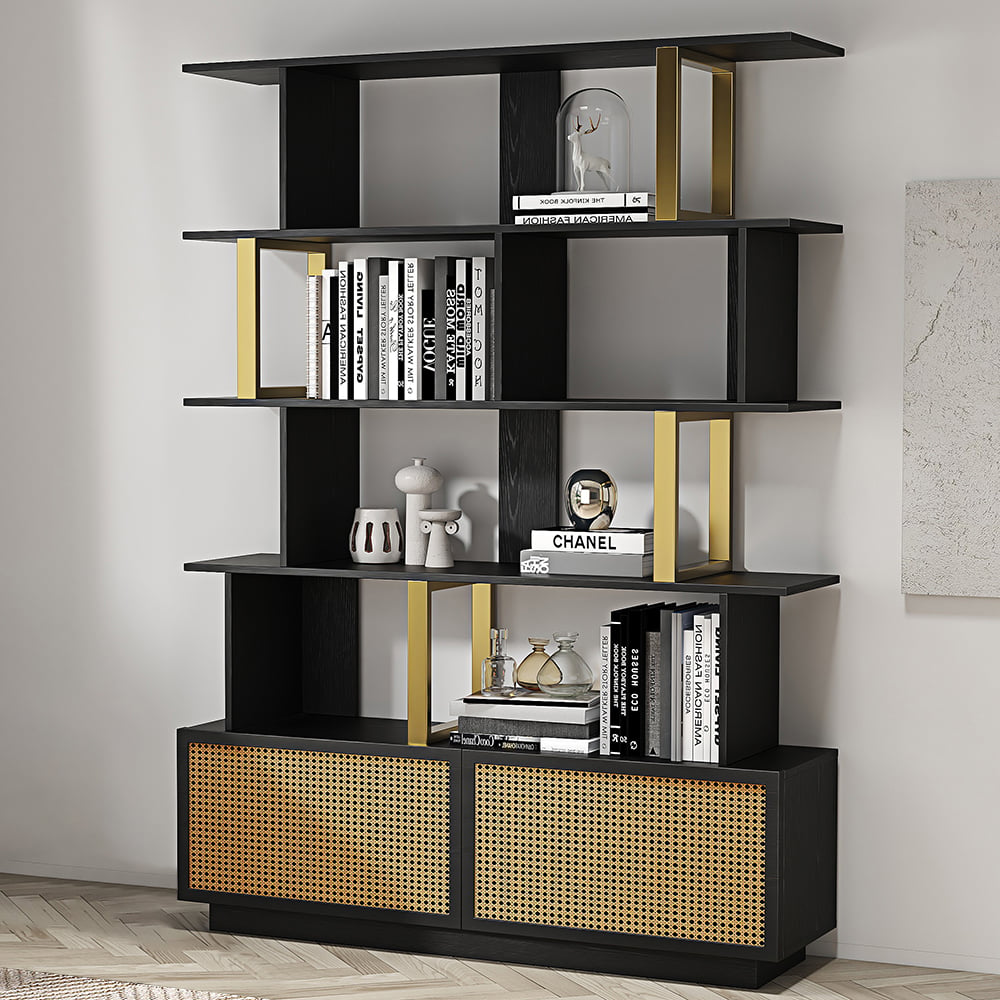 HMR - 5-Tier Wood Bookshelf with 2 Doors Modern Bookcase in Gold Finish