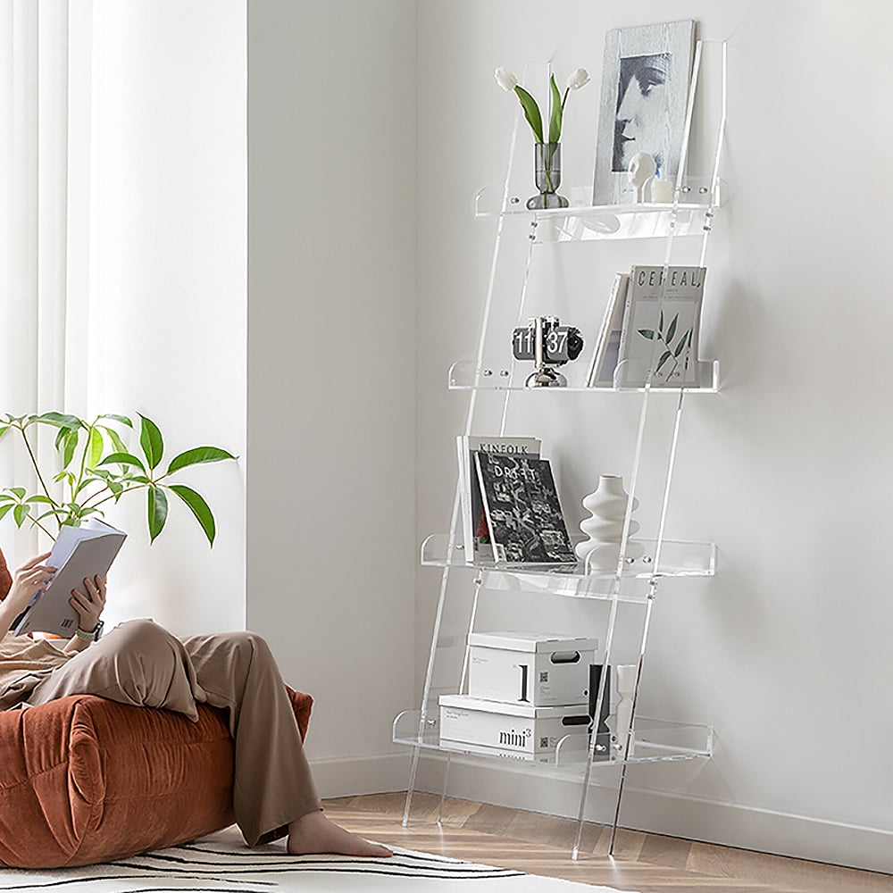 HMR - 4-Shelf Ladder Bookshelf Modern Bookshelf Acrylic Clear Ladder Bookcase