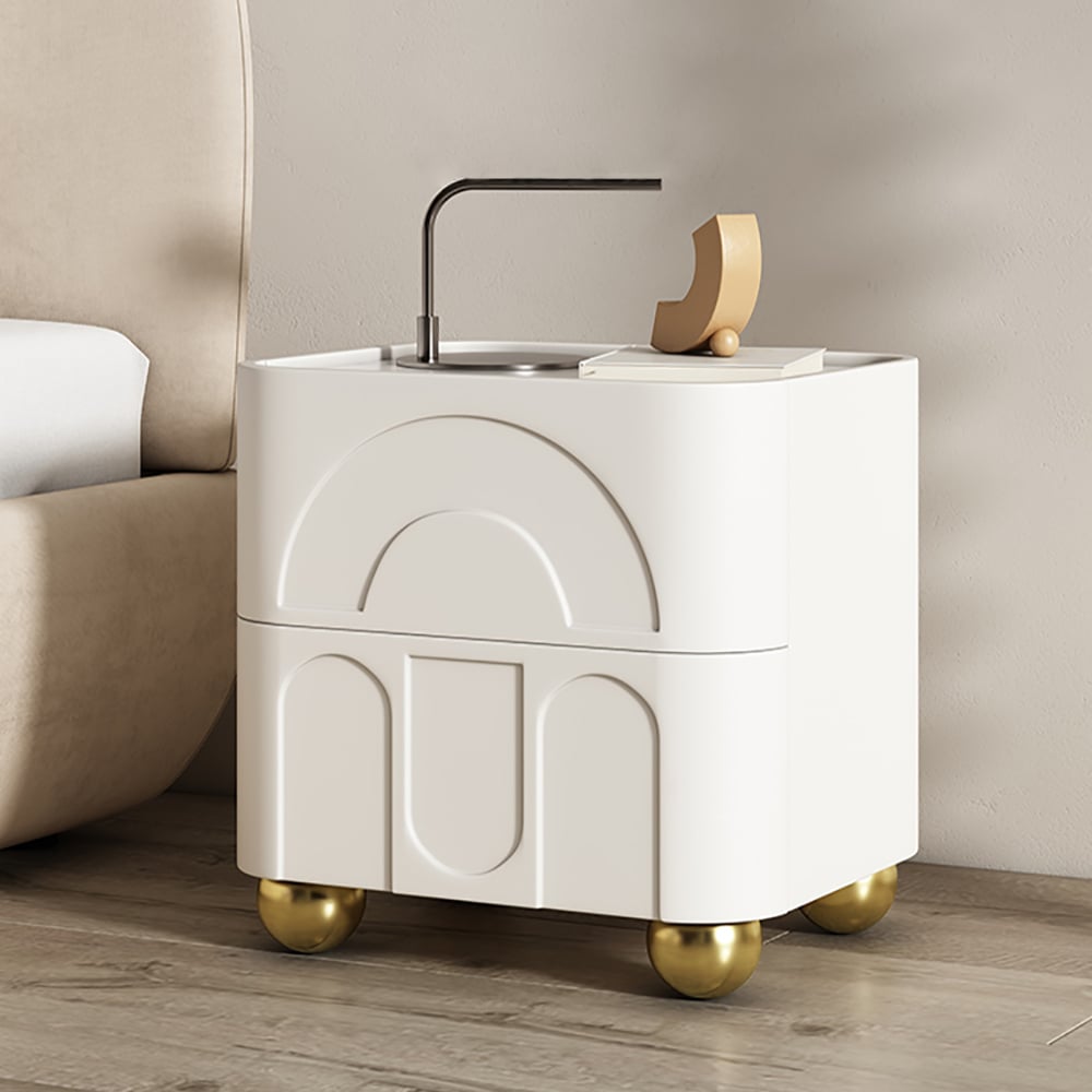 HMR - Modern White Smart Nightstand with Wireless Charger & Sintered Stone Top Bedside Table