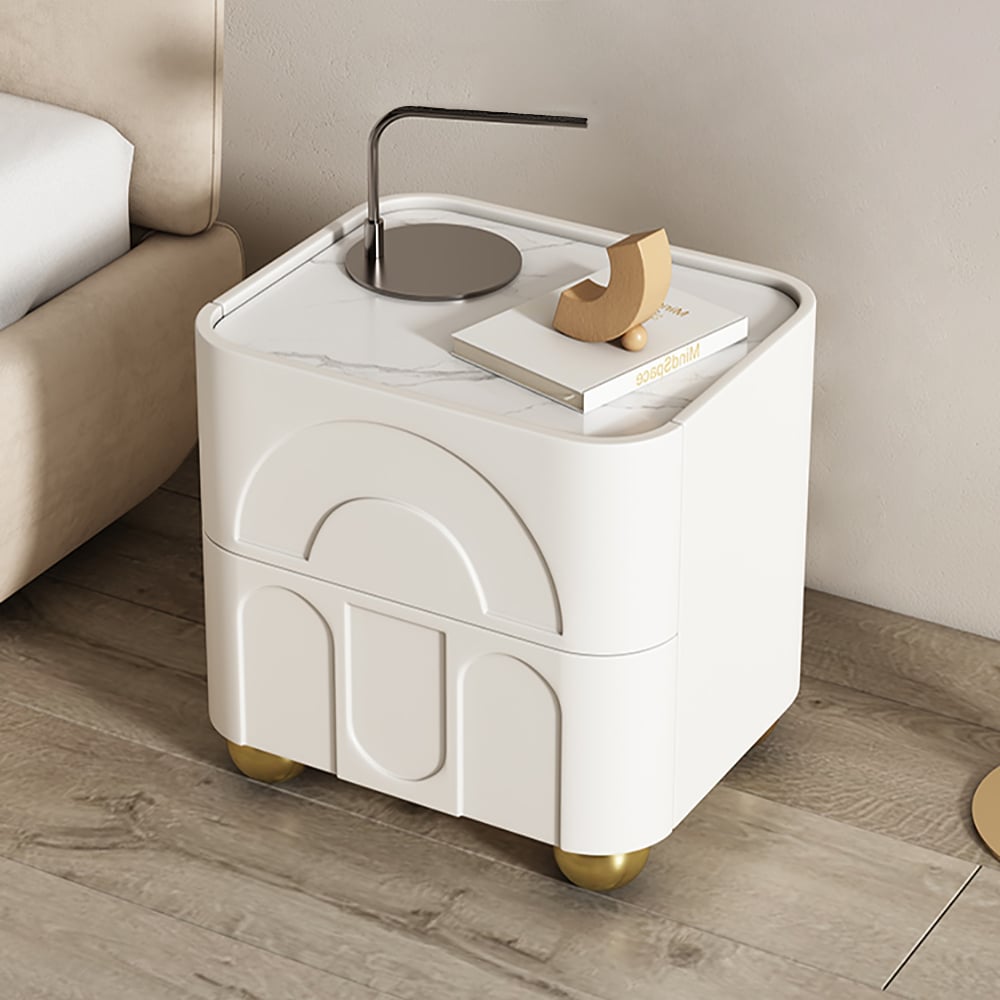 HMR - Modern White Smart Nightstand with Wireless Charger & Sintered Stone Top Bedside Table