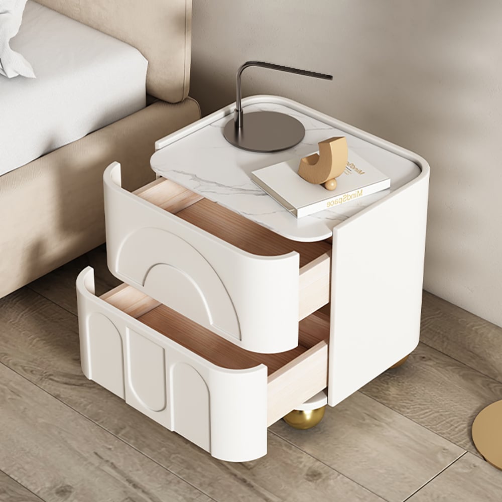 HMR - Modern White Smart Nightstand with Wireless Charger & Sintered Stone Top Bedside Table