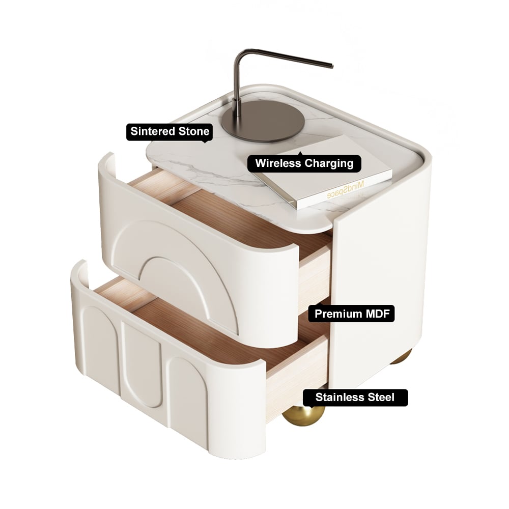HMR - Modern White Smart Nightstand with Wireless Charger & Sintered Stone Top Bedside Table