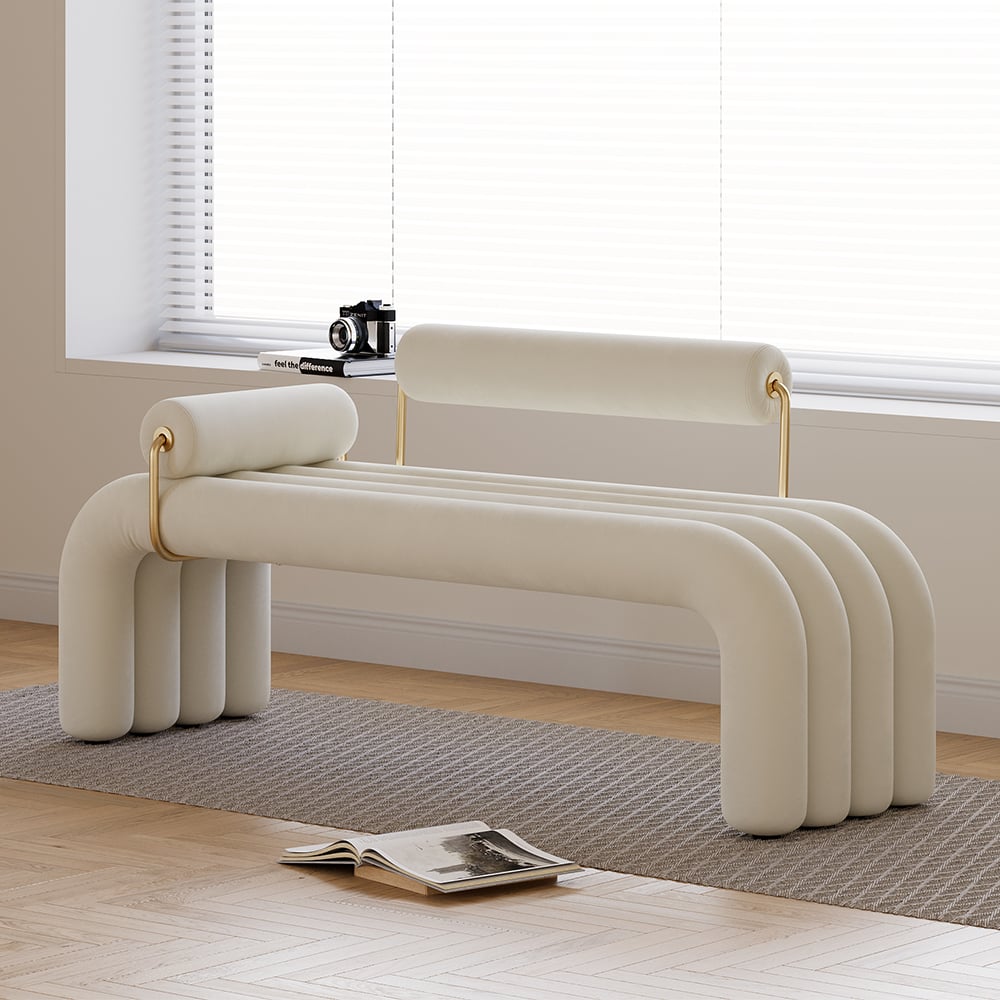 HMR - Modern Line Tufted Bench Velvet Upholstered Entryway Bench in Gold Finish