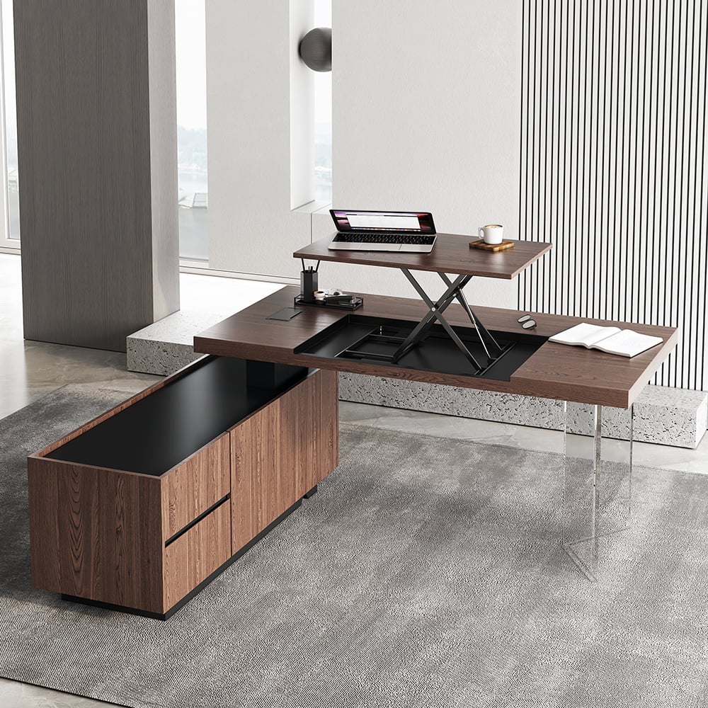 HMR - 71.5" Modern L-Shape Standing Executive Desk with Side Cabinet and lifter Desktop