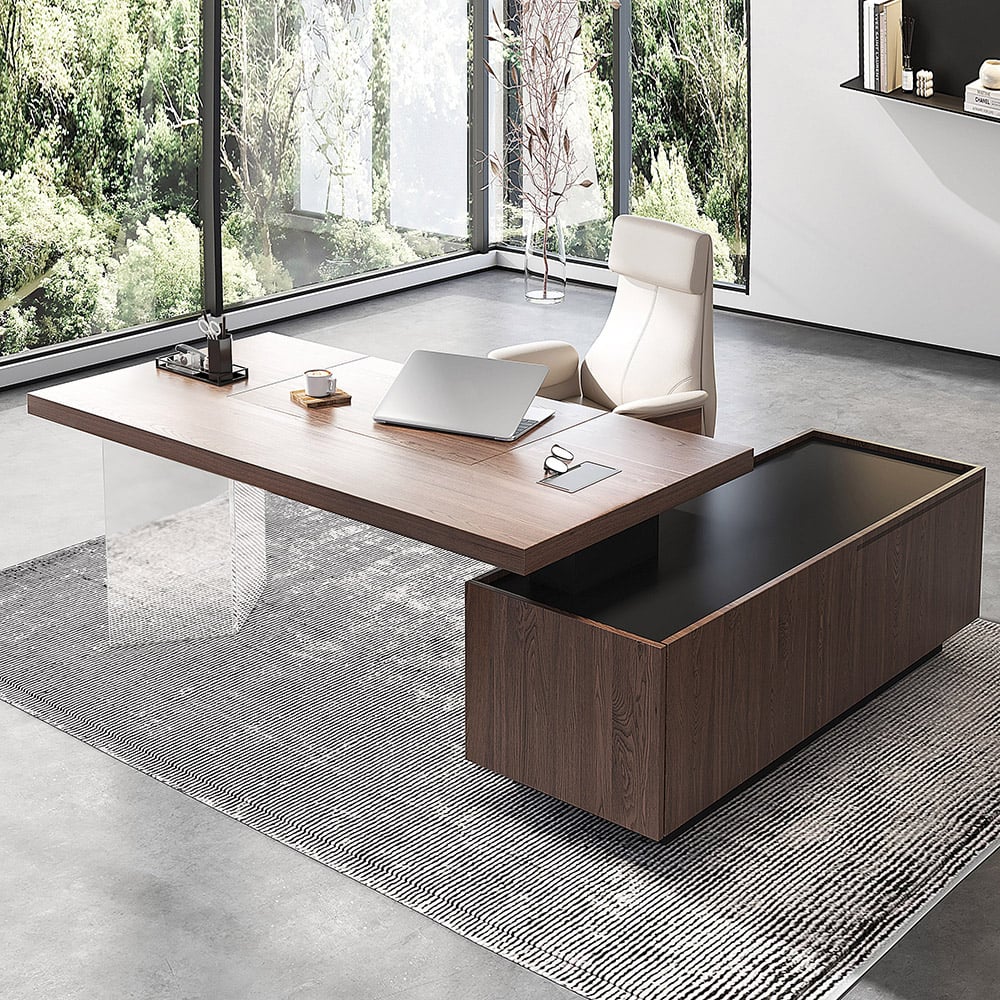 HMR - 71.5" Modern L-Shape Standing Executive Desk with Side Cabinet and lifter Desktop