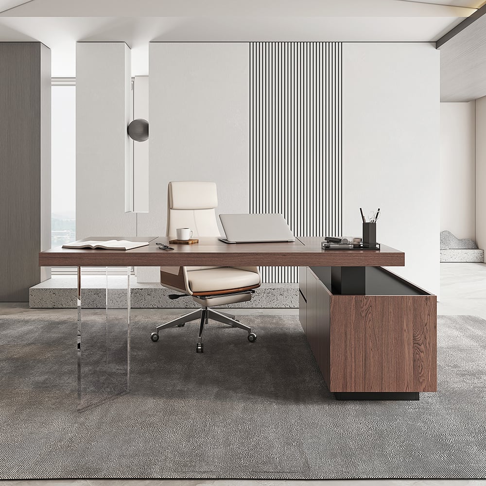 HMR - 71.5" Modern L-Shape Standing Executive Desk with Side Cabinet and lifter Desktop
