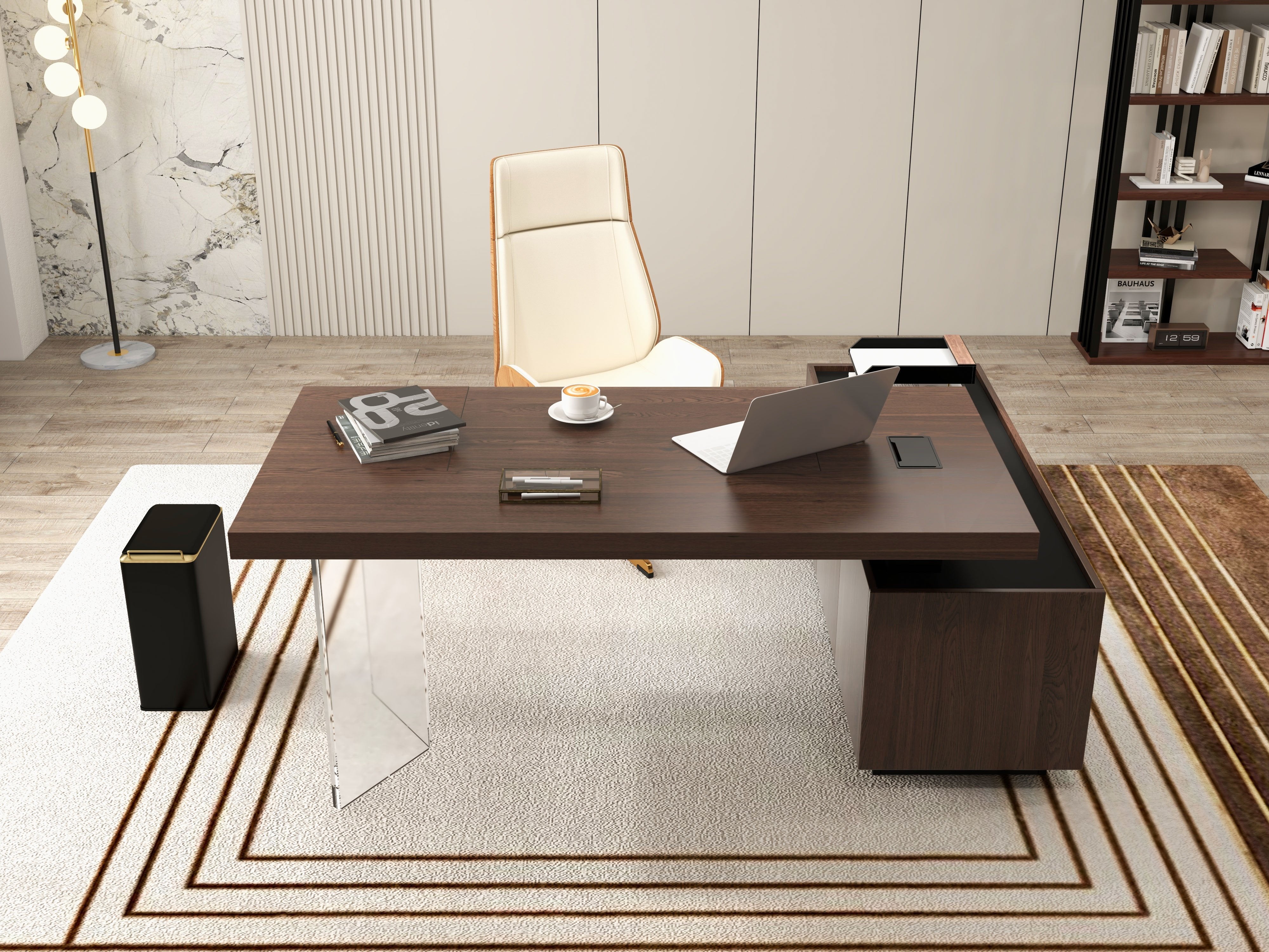 HMR - 71.5" Modern L-Shape Standing Executive Desk with Side Cabinet and lifter Desktop