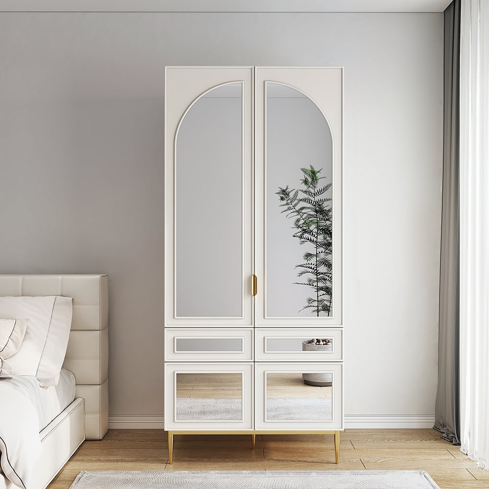HMR - Modern Farmhouse White Armoire Clothes Cabinet with Arched Mirror 2 Drawers & 4 Doors