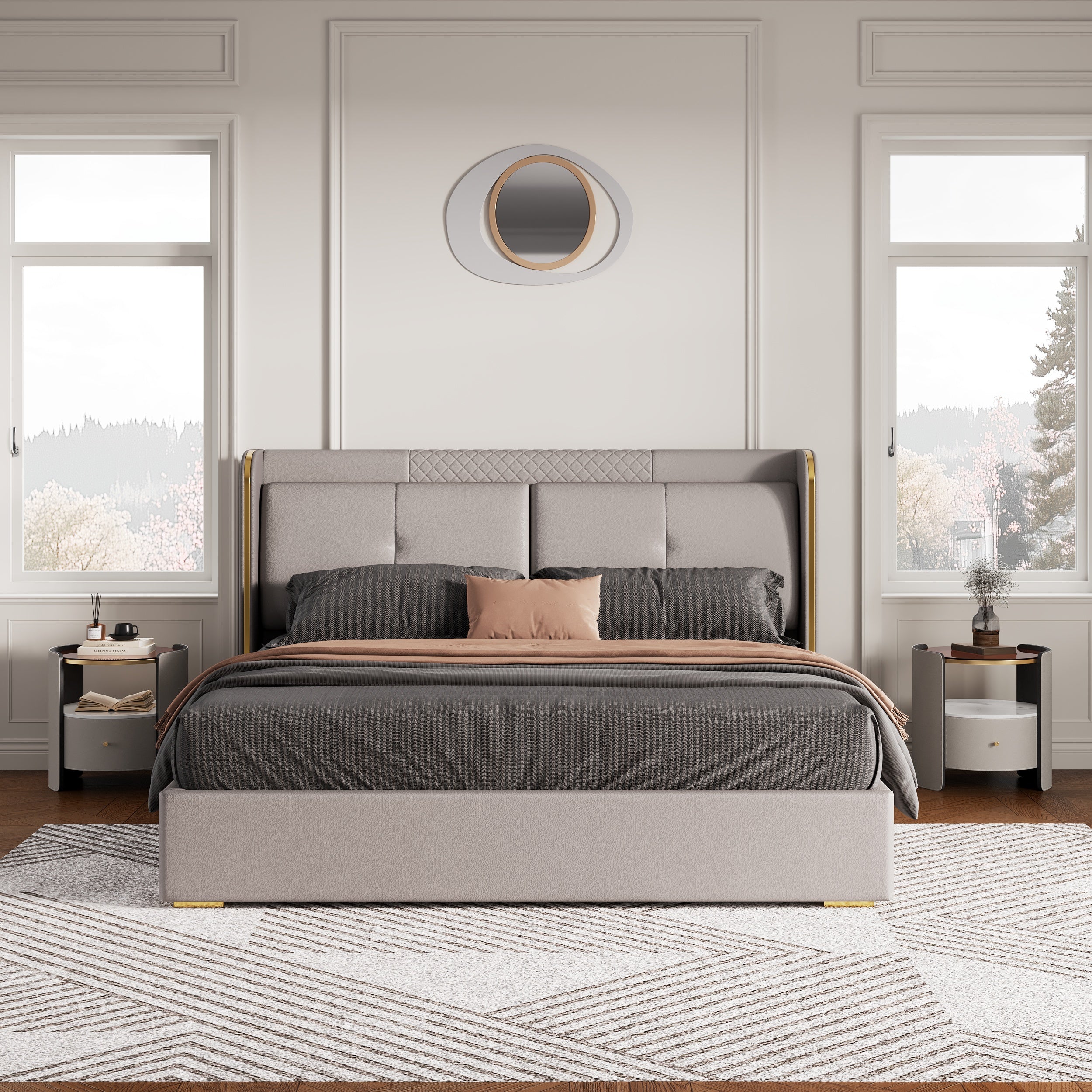 HMR - Wingback Bed Headboard & 2 Nightstands Set with Wireless Charger