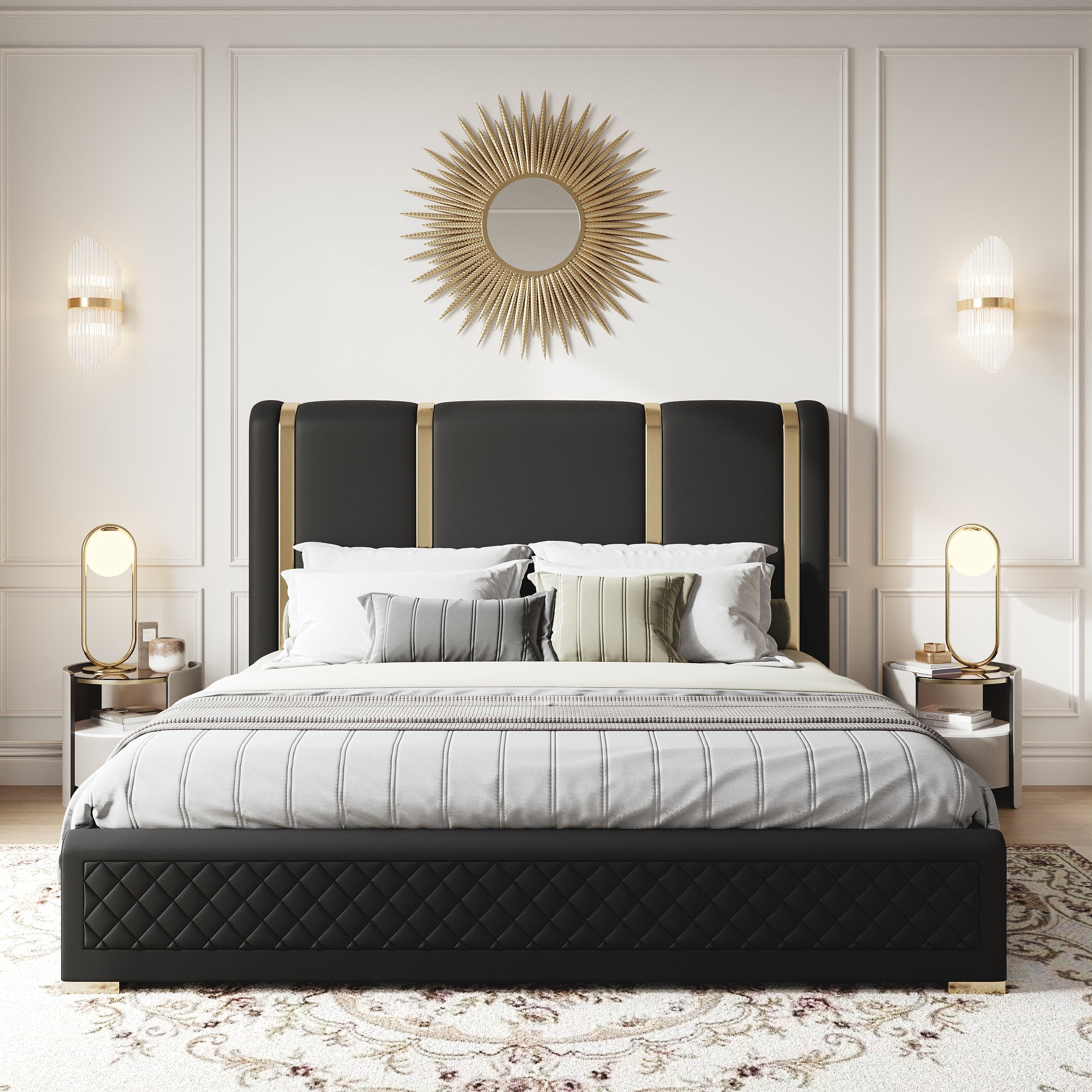 HMR - King Size Upholstered Bed Frame Polished Gold & Faux Leather Headboard & Nightstands Set