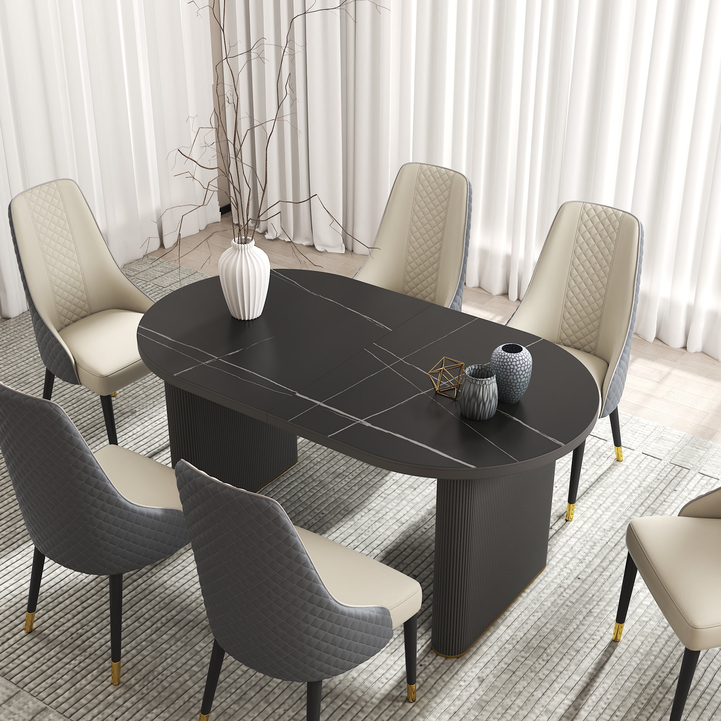 HMR - 79''-95'' Oval Extendable Sintered Stone Top Dining Table Seats 8-10