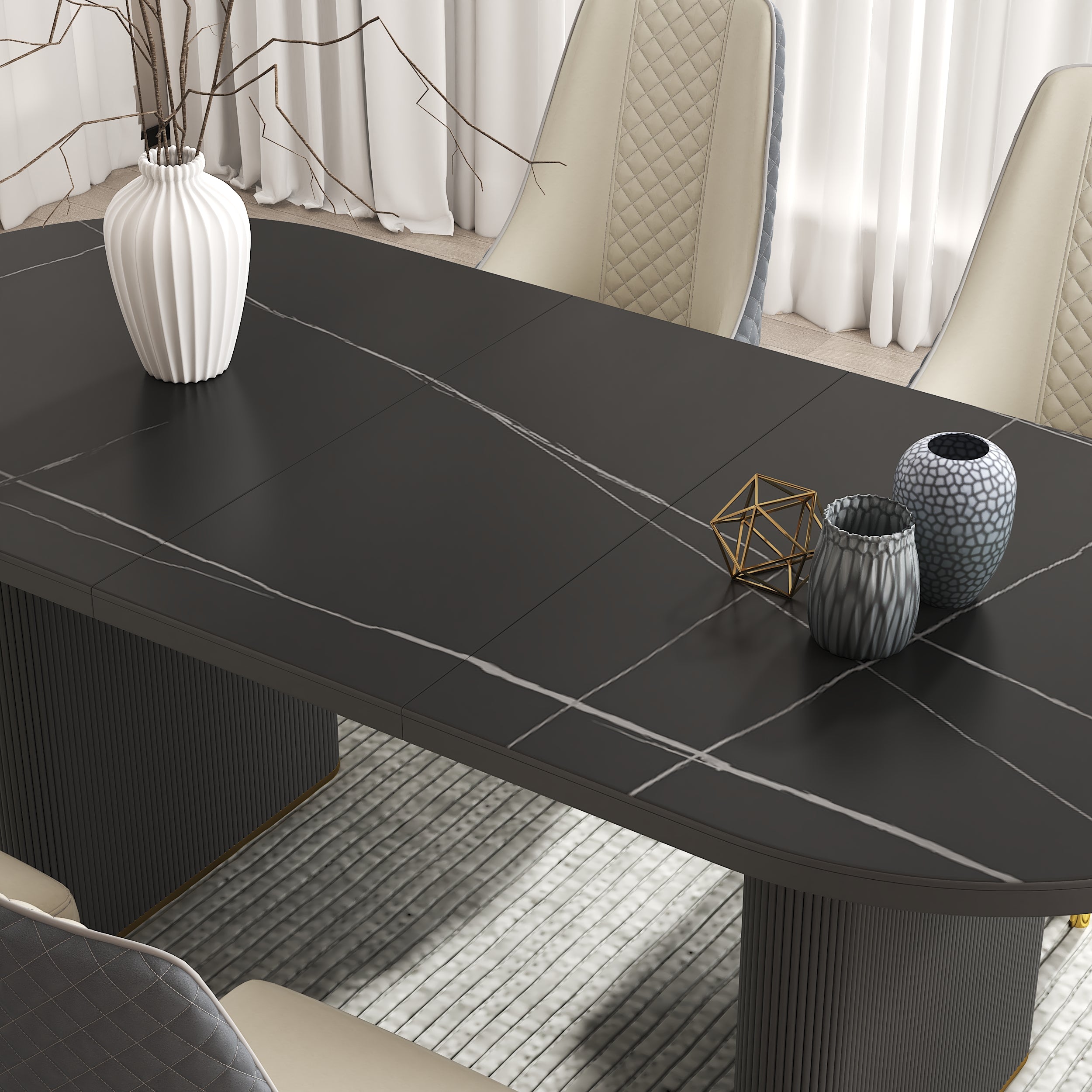 HMR - 79''-95'' Oval Extendable Sintered Stone Top Dining Table Seats 8-10