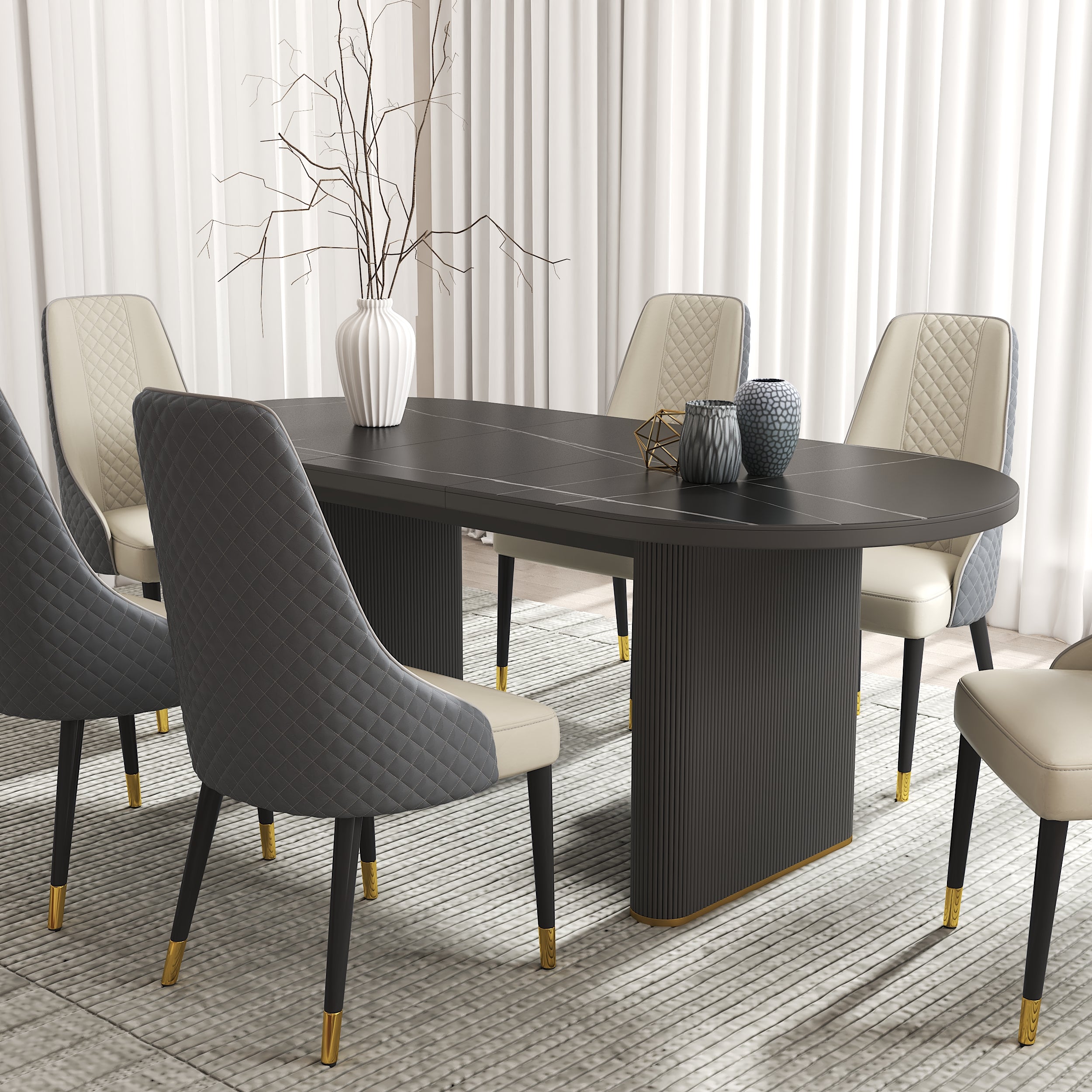HMR - 79''-95'' Oval Extendable Sintered Stone Top Dining Table Seats 8-10